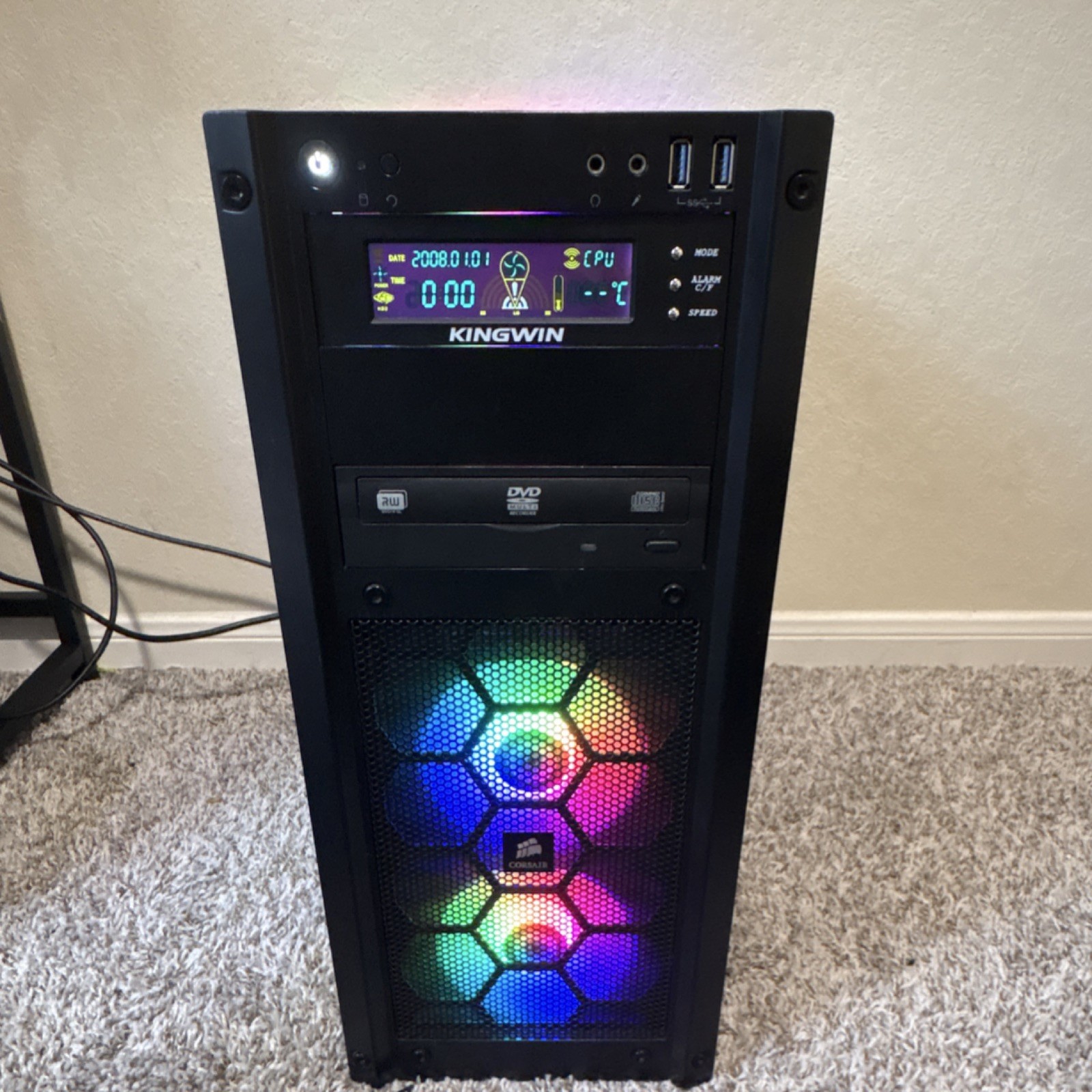 Corsair Tower Gaming Desktop RGB Lighting, DVD Drive, USB, DVI, VGA, Black