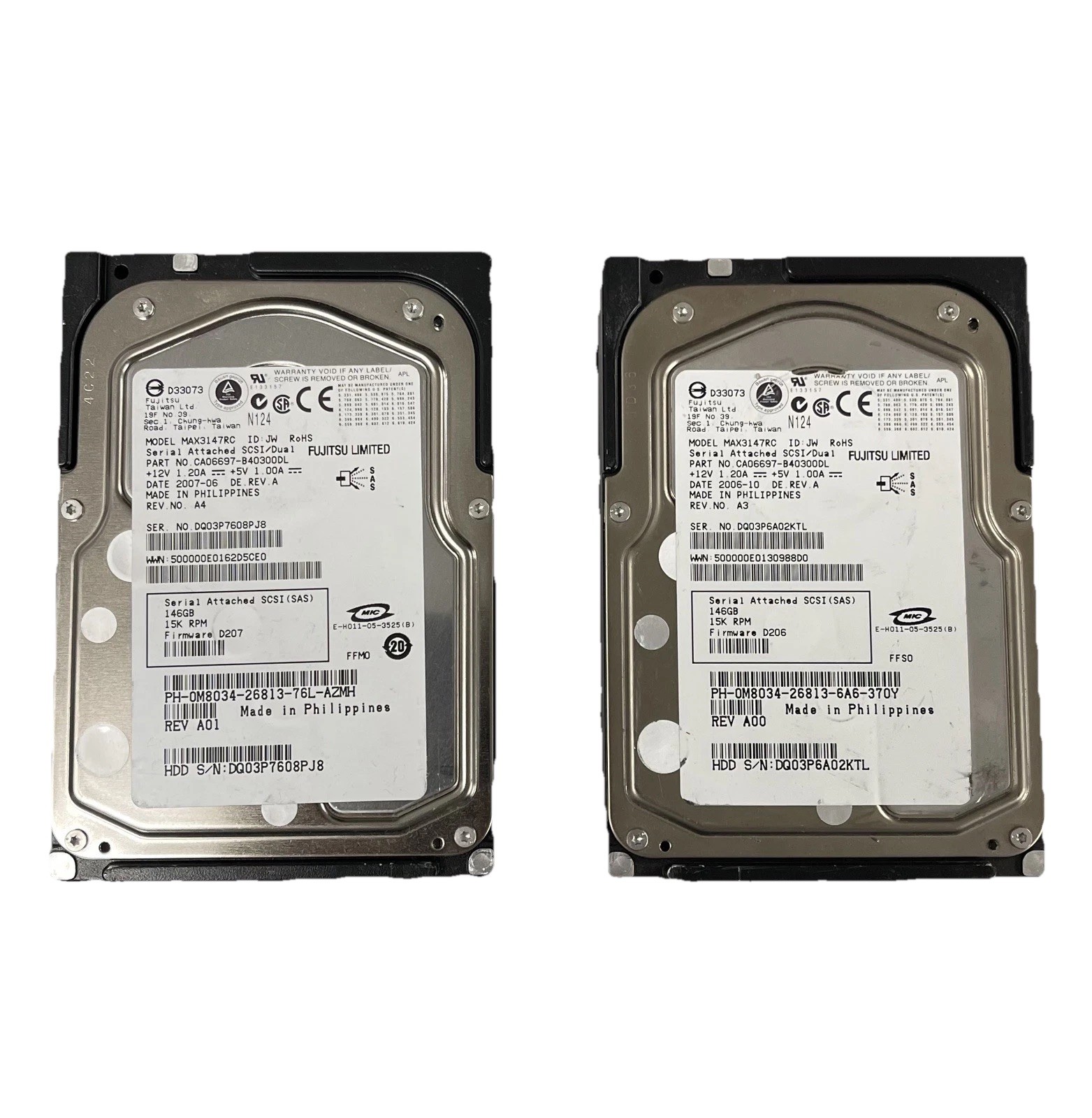 Two(2) Fujitsu MAX3147RC 146GB 15K RPM 3Gbps 16MB Cache 3.5" SAS Hard Drives