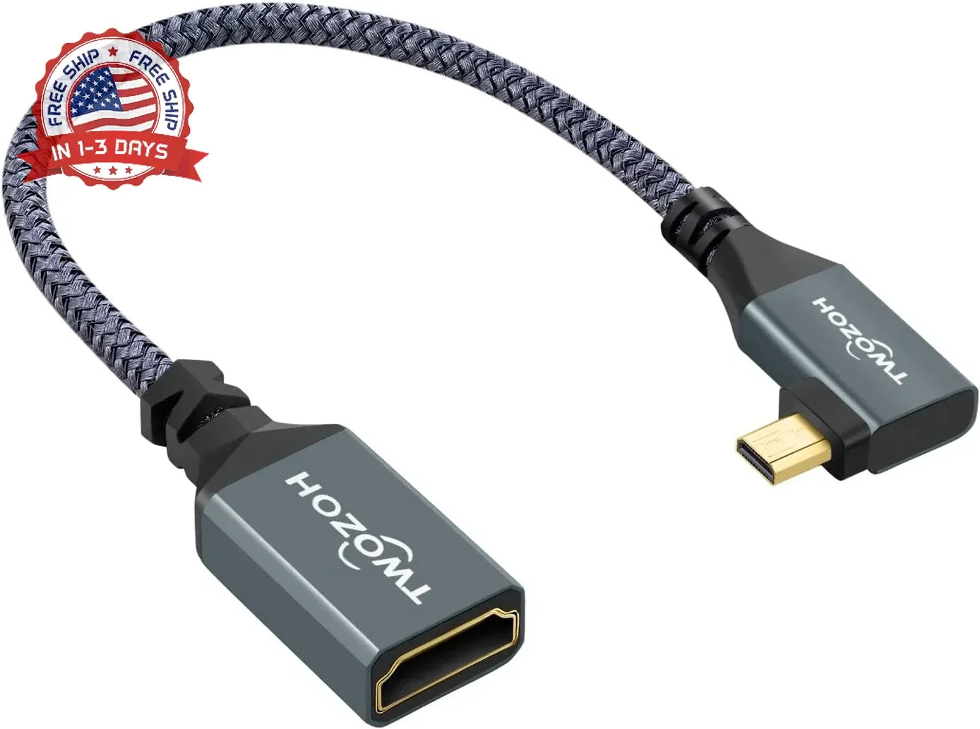 Left Angled Micro HDMI to HDMI Adapter Cable, Nylon Braided 90°Degree Micro HDMI