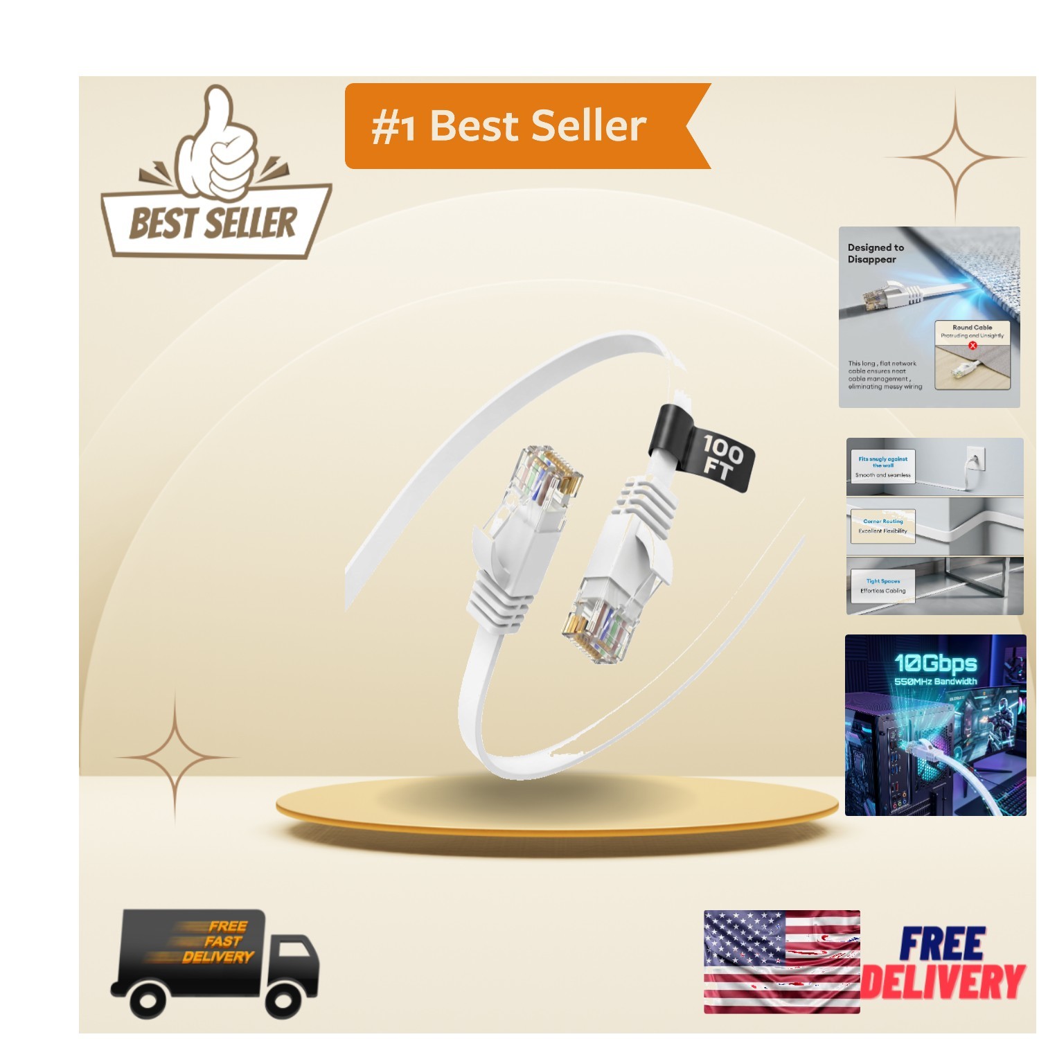 Flat Cat 6 Ethernet Cable 100FT - 10Gbps High-Speed LAN for Gaming & Streaming