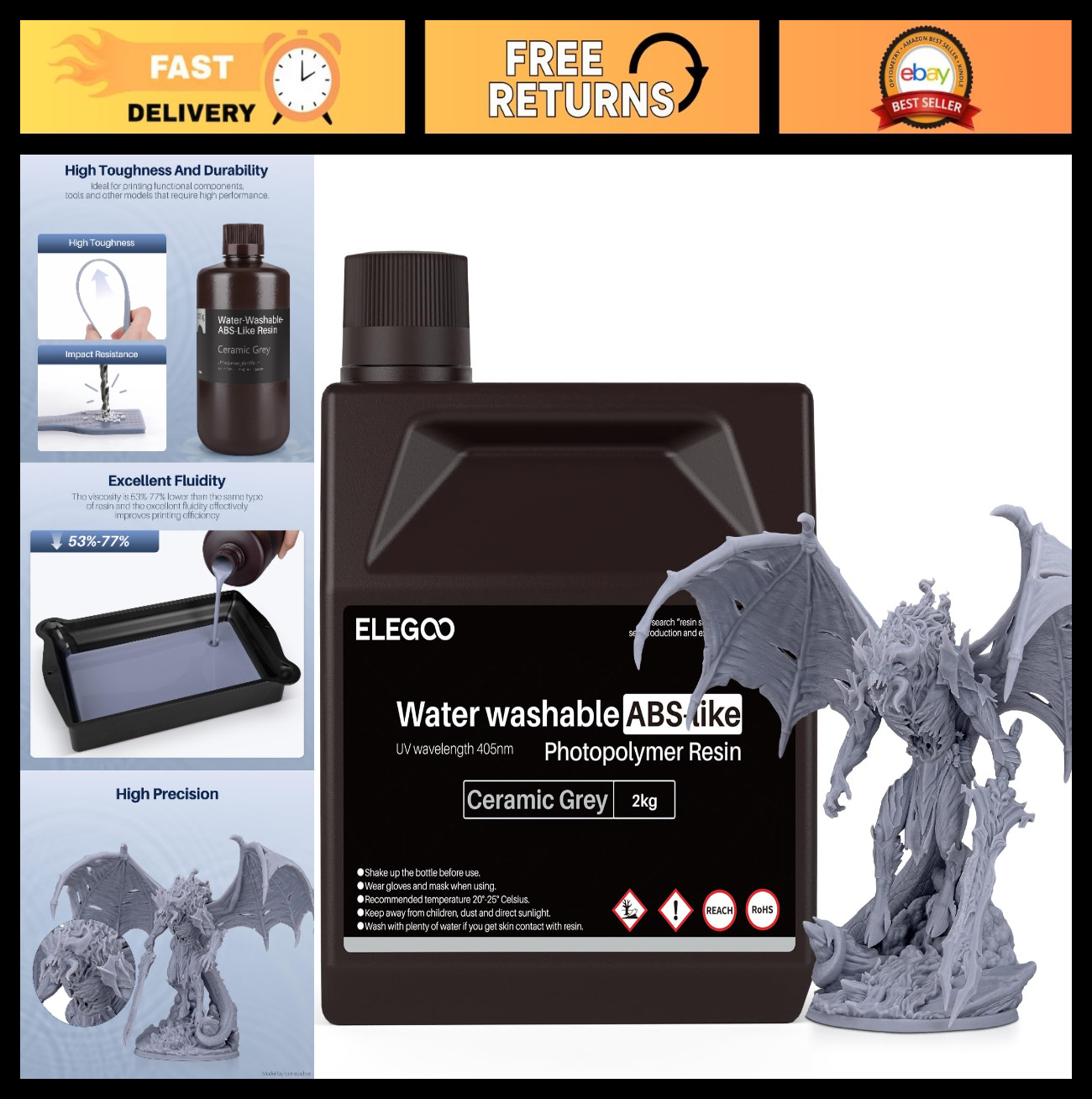 Water Washable ABS-Like 3D Printer Resin, High Toughness, Low Viscosity, 2000G