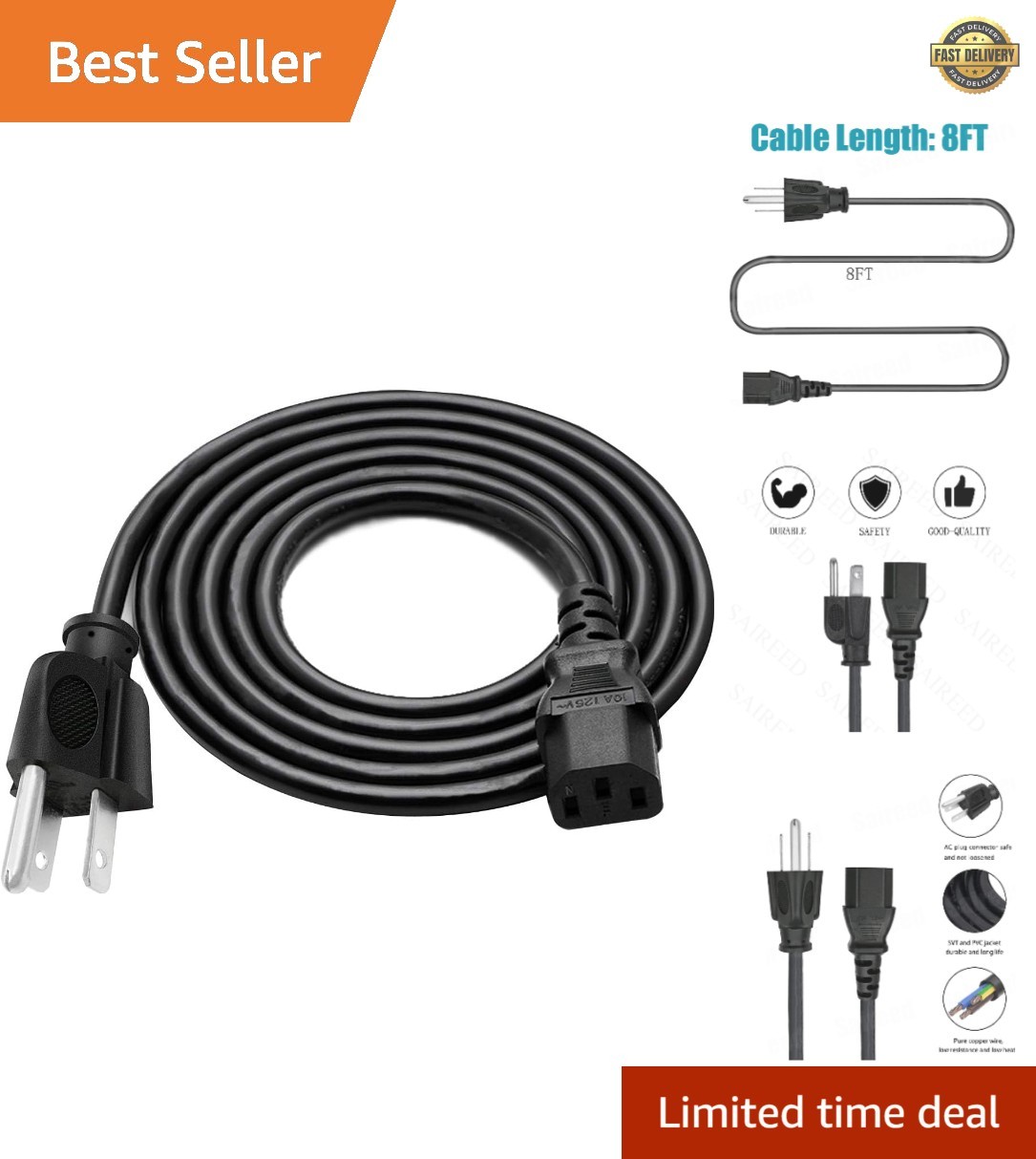Versatile 8ft 3-Prong AC Power Cord for EVGA Power Supplies - Safe & Reliable