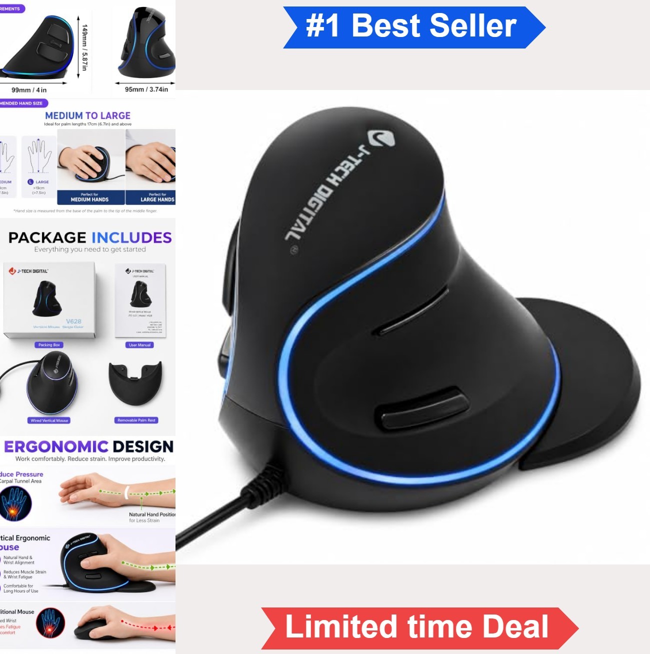 Ergonomic Vertical USB Mouse 1600 DPI 7 Buttons Removable Palm Rest for PC Mac