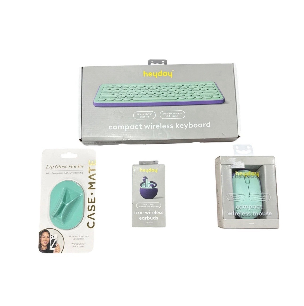 4pcs Heyday Wireless Keyboard, Mouse & Earbuds Bundle + Case-Mate Lip Gloss Hold