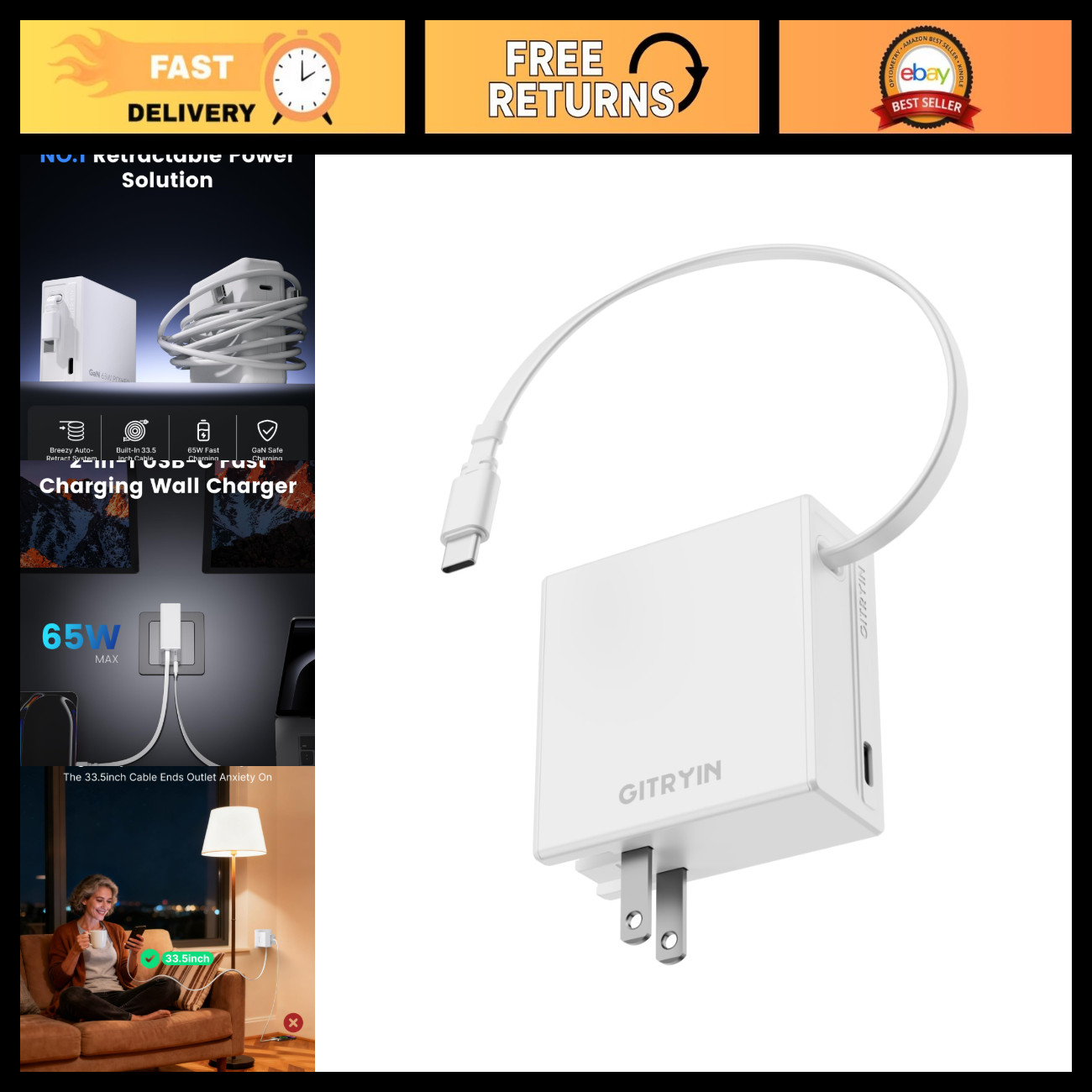 65W GaN Fast Charging Laptop Charger, Retractable USB-C Cable, 2 USB Ports