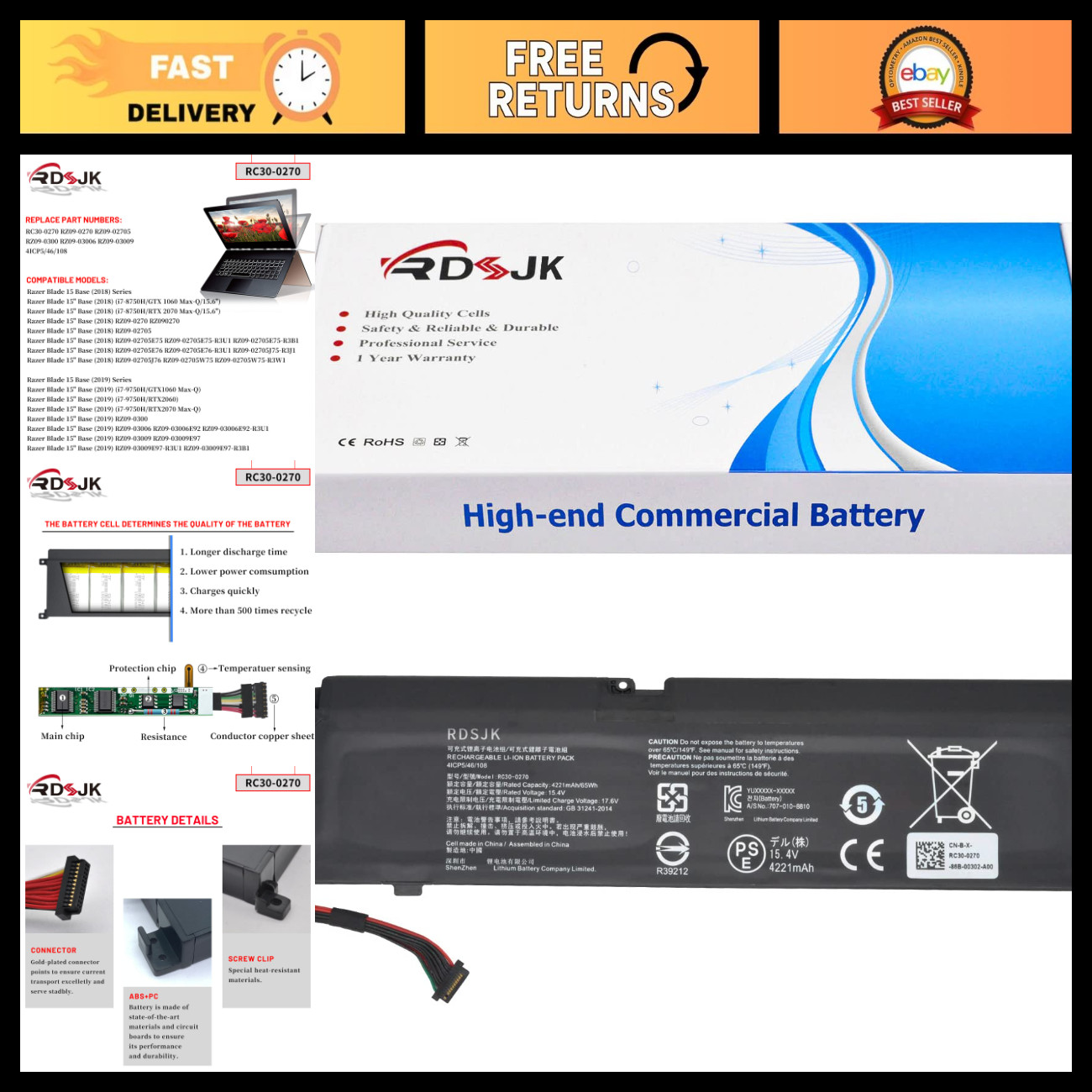 High-Capacity Laptop Battery for Razer Blade 15 Base 2018-2019 GTX 1660 Ti 65Wh