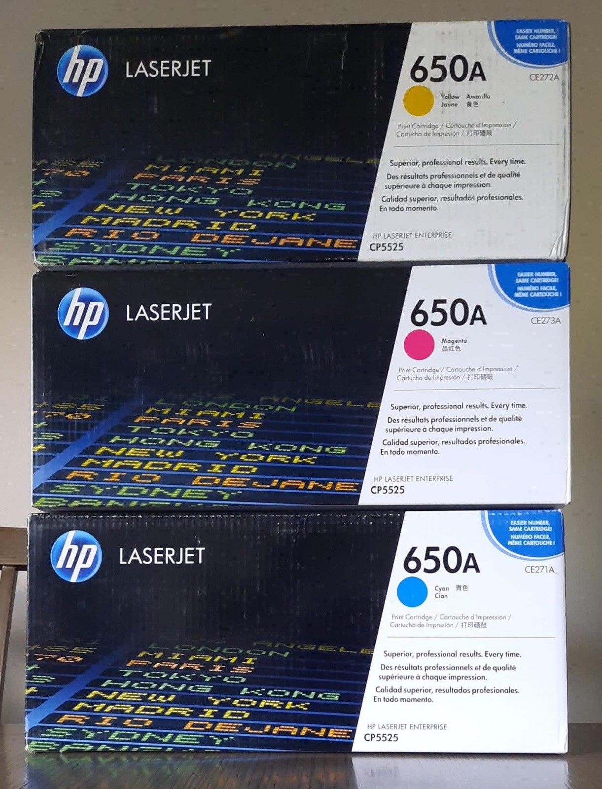 Set Of 3  Genuine HP 650A Cyan, Yellow, Magenta Toner cartridges For CP5525 OEM