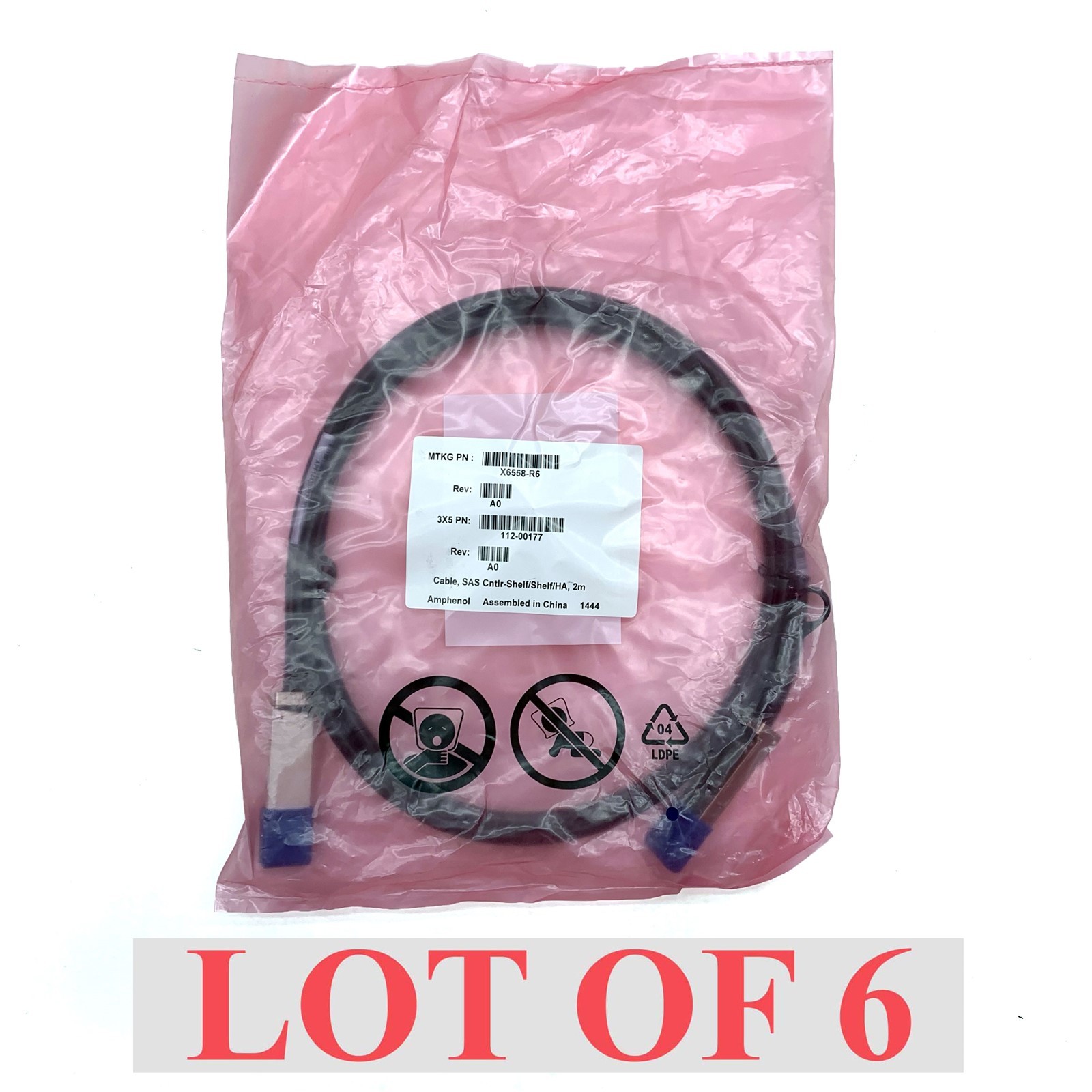 NetApp Amphenol 2M/6.5ft External SAS Cntlr-Shelf/Shelf/HA Cable X6558-R6 Lot 6