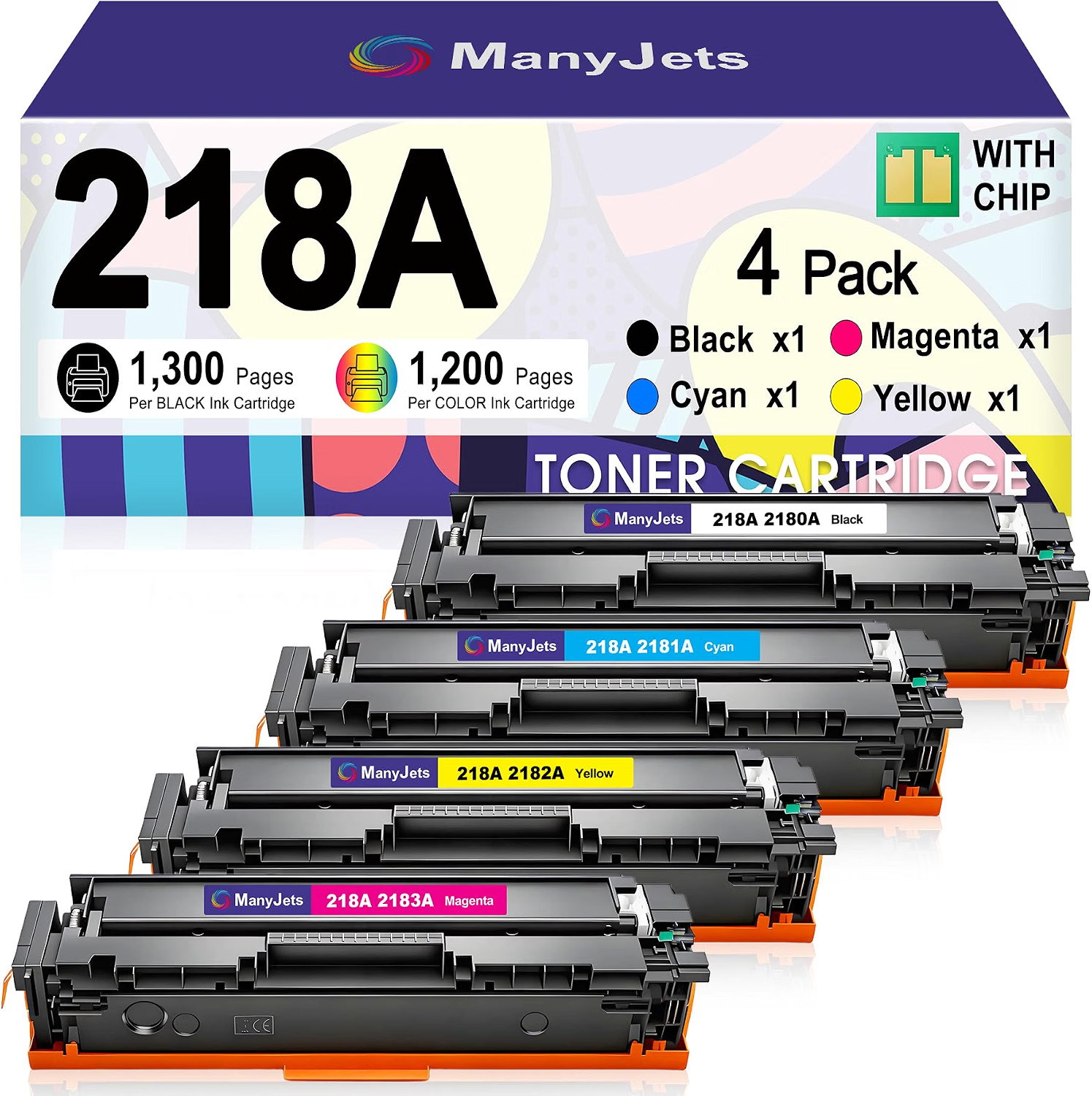 With Chip 4-Pack Toner Cartridge Black Cyan Magenta Yellow 218A W2180A