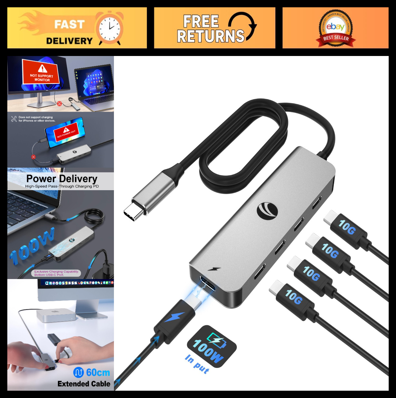10Gbps USB C Hub 5 Ports USB 3.2 Splitter 100W Power Delivery Aluminum Adapter f