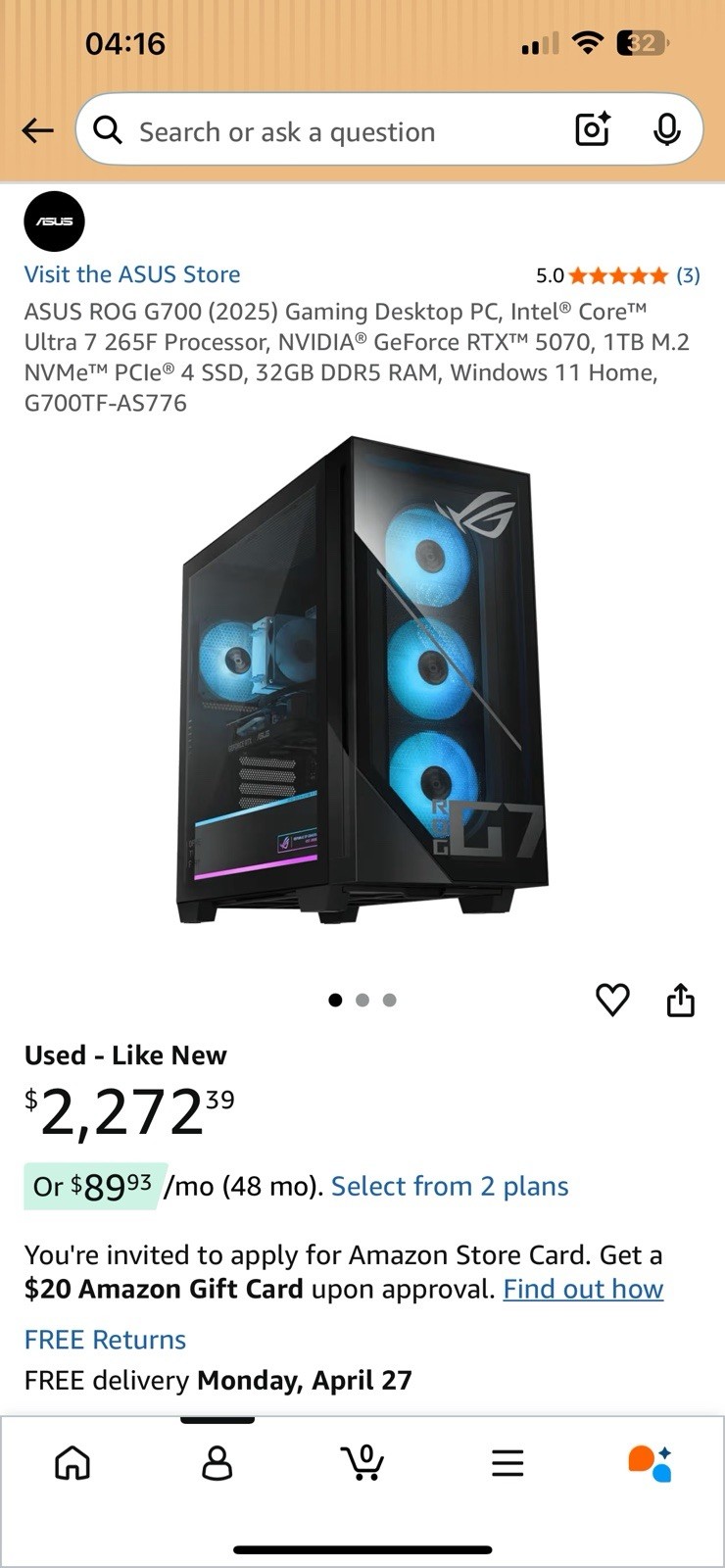 ASUS ROG G700 (2025) Gaming Desktop, Ultra 7, RTX 5070, 32GB, 1TB SSD, RGB