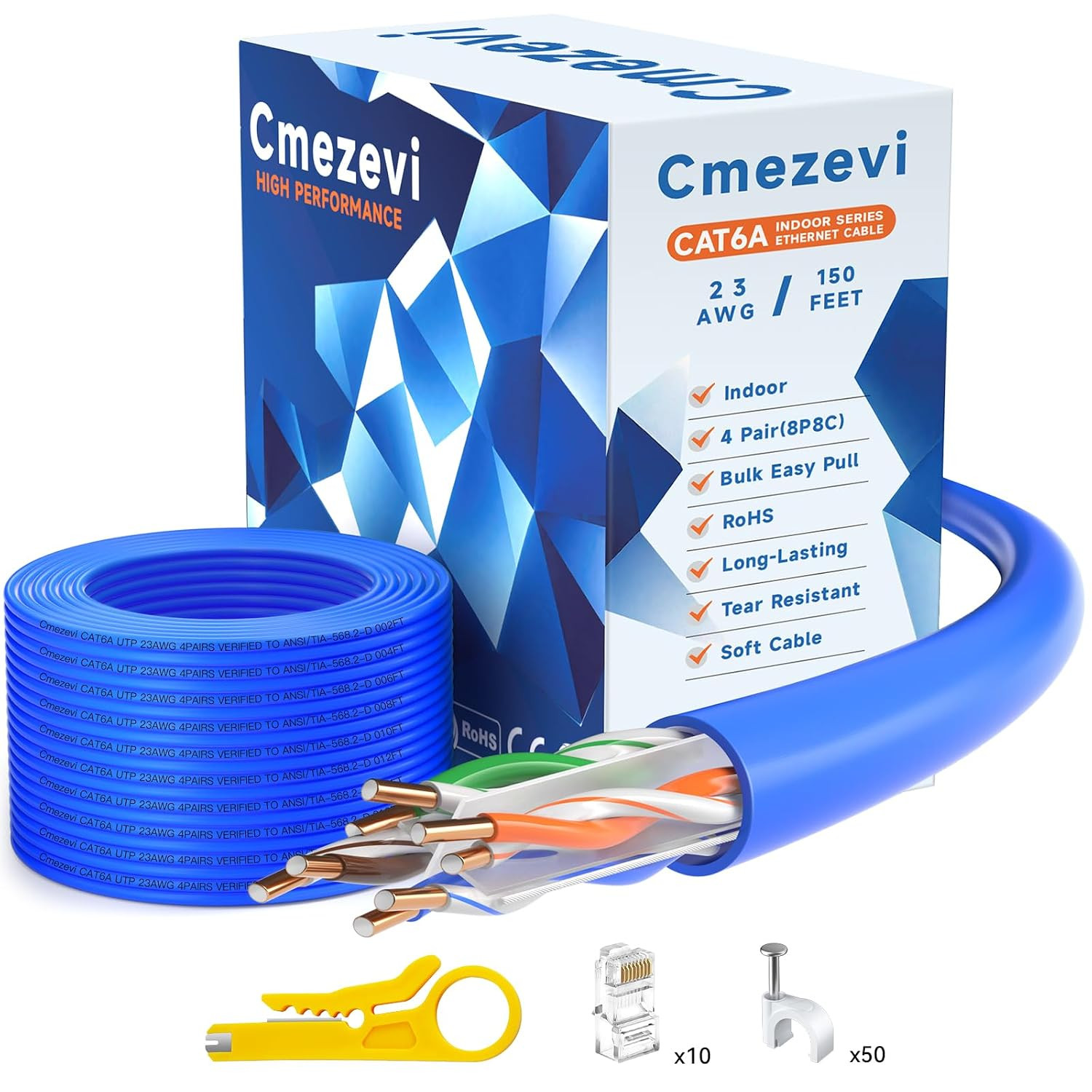 Bulk CAT 6a Ethernet Cable 150 FT, 10Gbps 23AWG CAT6a Cord, Blue
