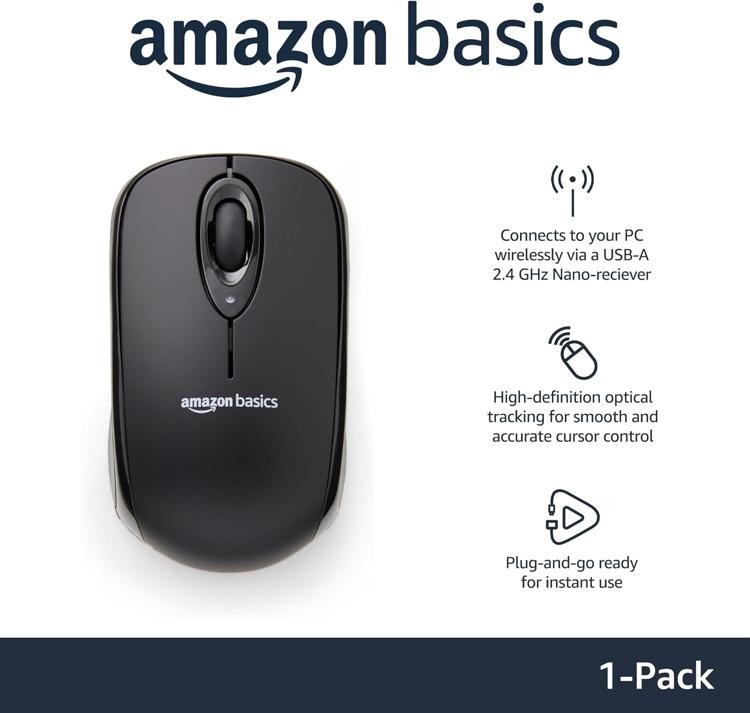 Amazon Basics 2.4 Ghz Wireless Optical Computer Mouse, USB Nano Receiver, Black