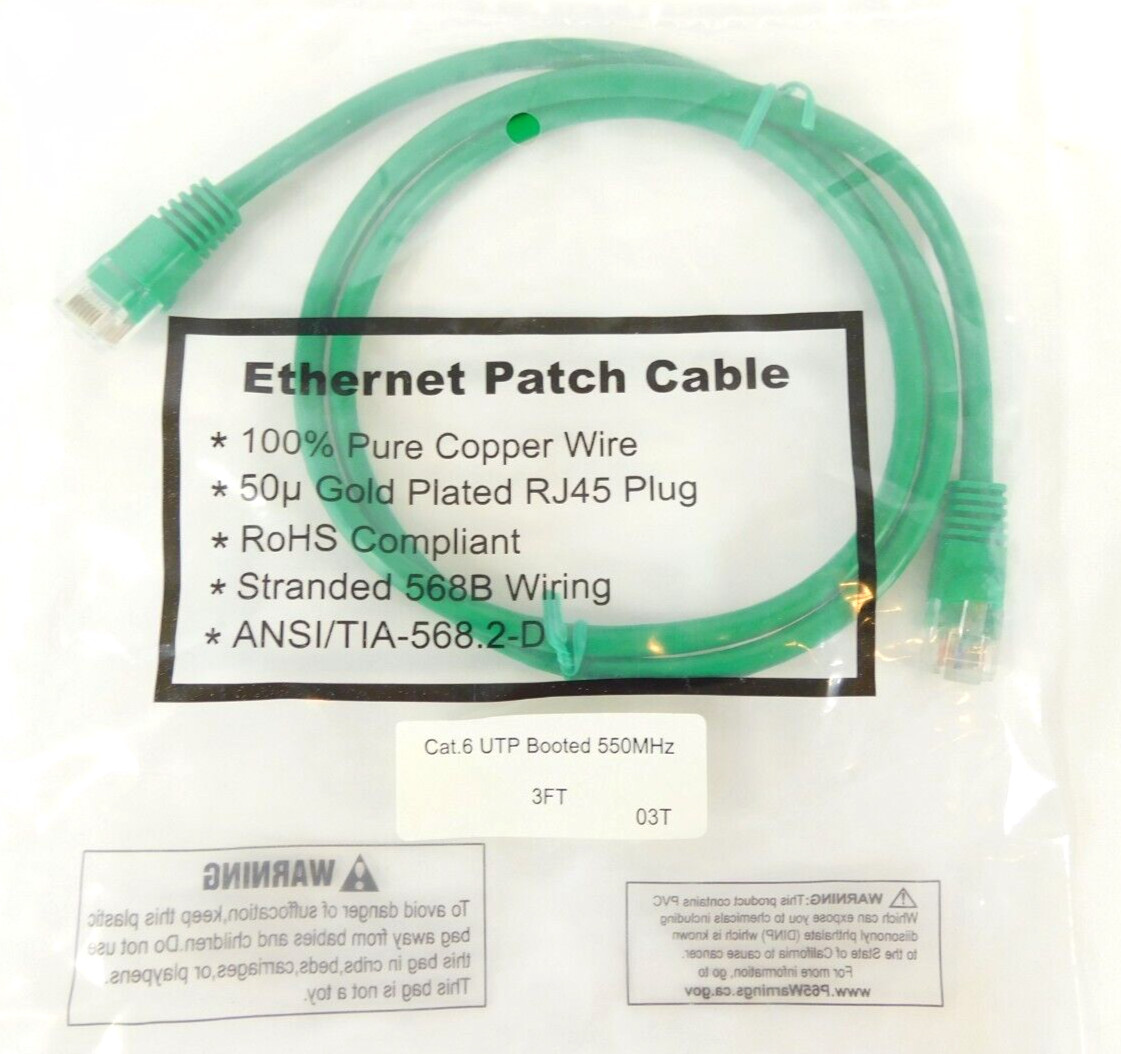 Cat6 RJ-45 Patch Cable Booted 550MHz 50u Gold Plated Plug 3 Feet - QUANTITY OF 6