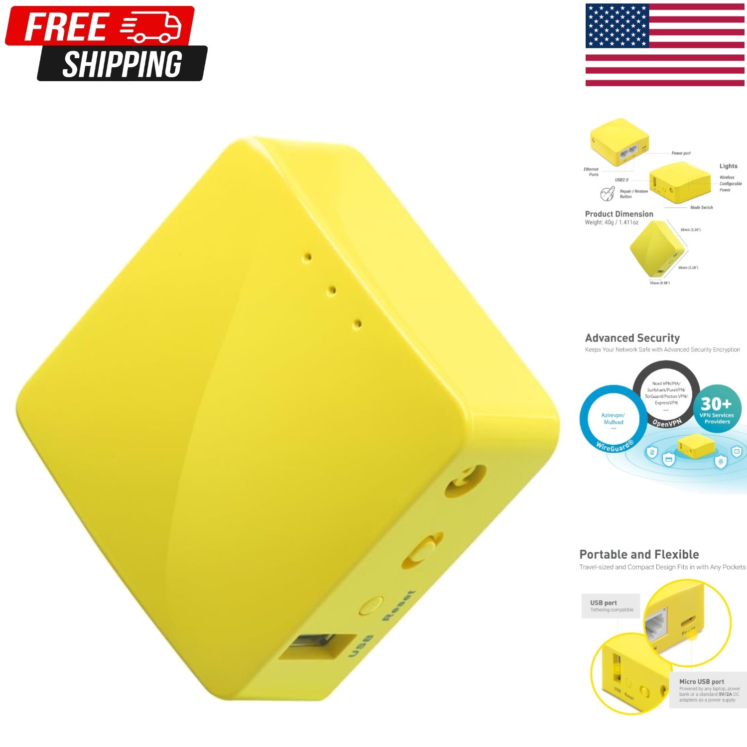 Mango GL-MT300N-V2 Mini Portable VPN WiFi Router - Dual Ethernet & USB 2.0