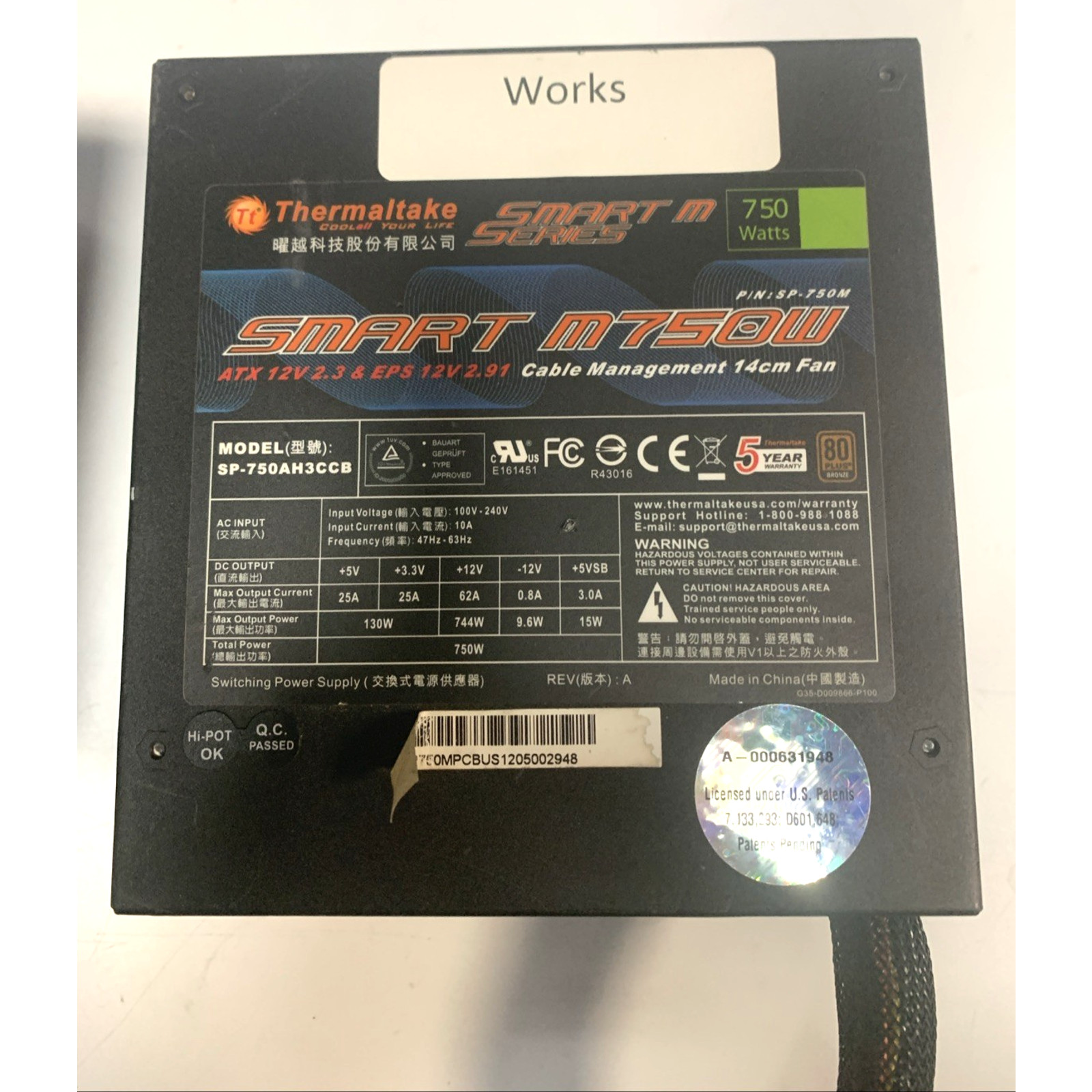 Thermaltake SMART Series SP-750M 750W Modular Power Supply - No Cables - Tested