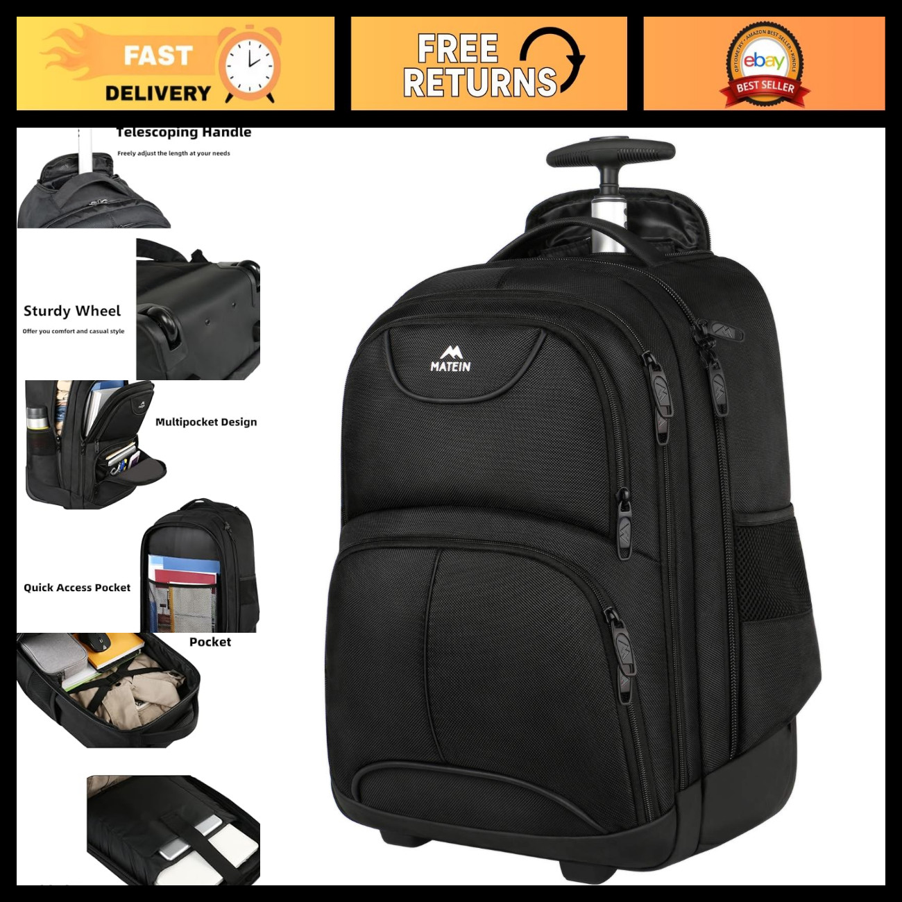 Wheeled Laptop Backpack 18" - Rolling Backpack for Travel, School & Work