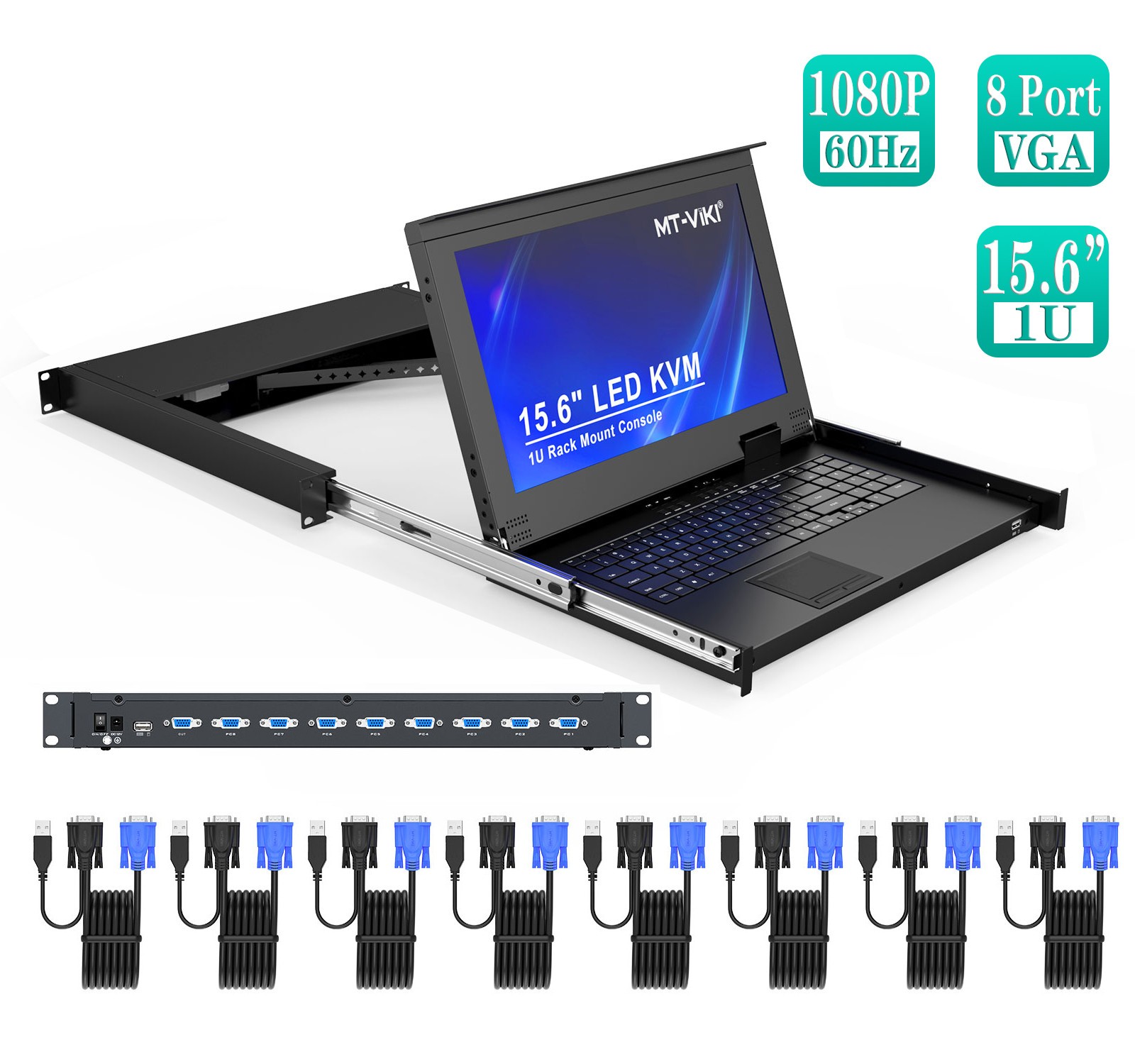 MT-VIKI Rackmount KVM 15.6" LCD Console 8 port VGA 1U for Server Data Center IT
