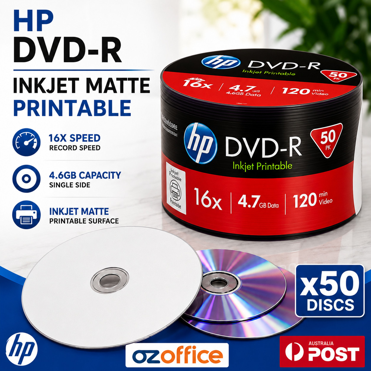 PREMIUM 50 x HP DVD-R 16x Inkjet Printable Blank DVD Discs - Print to Center