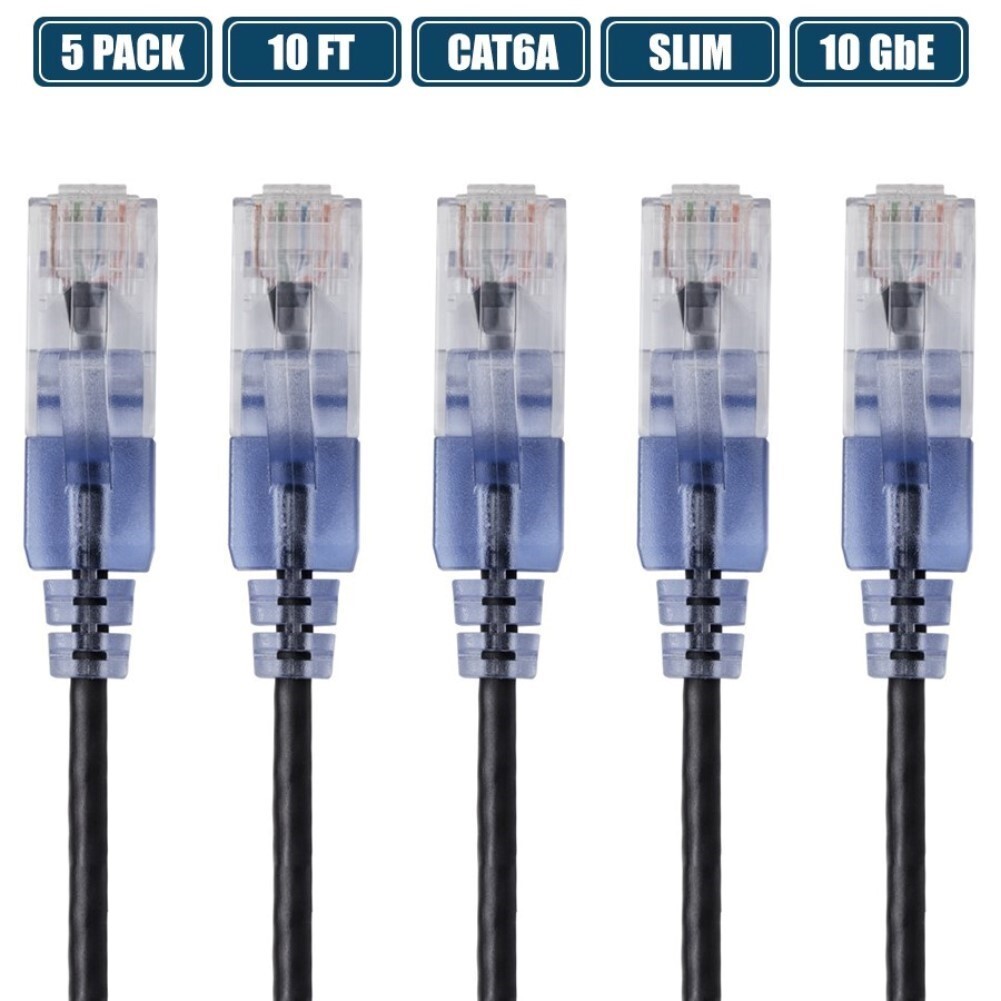 5 Pcs 10FT Slim CAT6A RJ45 Ethernet LAN Network UTP Patch Cable Cord 30AWG Black