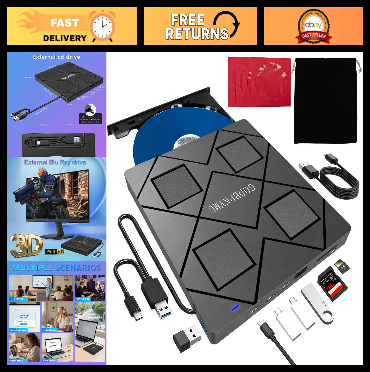 8-in-1 External Blu-ray Drive, USB-C Hub & Card Reader for Laptop