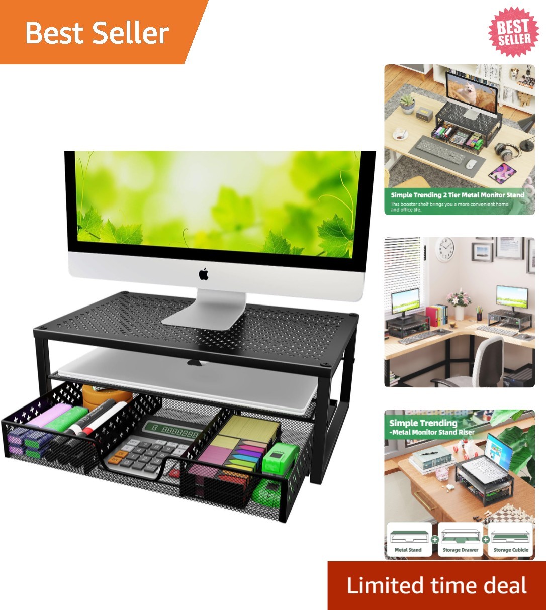 Sleek Black Computer Desk Riser with Built-In Drawer for Efficient Workspaces