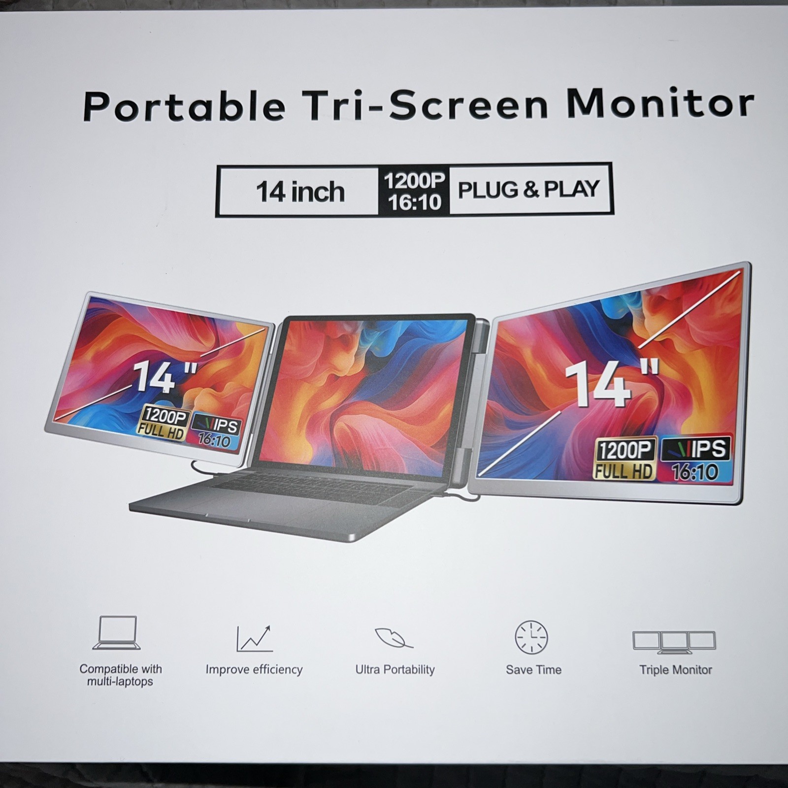 Laptop 14" 1080P Monitor Portable Tri-Screen for Laptop New + FREE Case