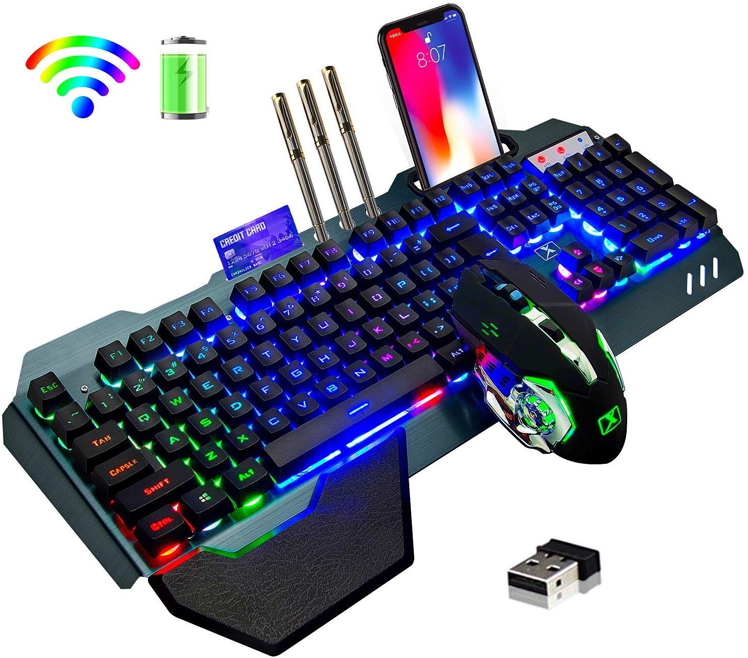 Wireless Membrane Gaming Keyboard and Mouse Combo Rainbow LED Backlit 2400 DPI