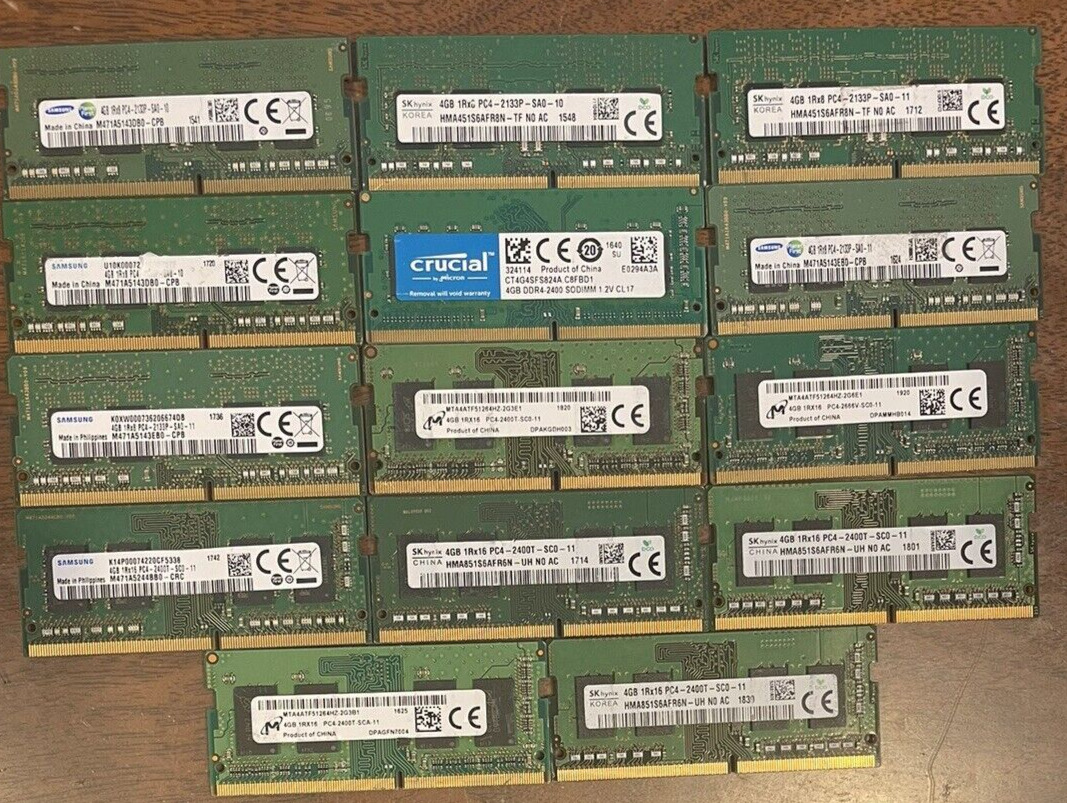 Lot Of 14 Mixed Brands/Speeds 4GB DDR4 Laptop SO-DIMM RAM Memory TESTED