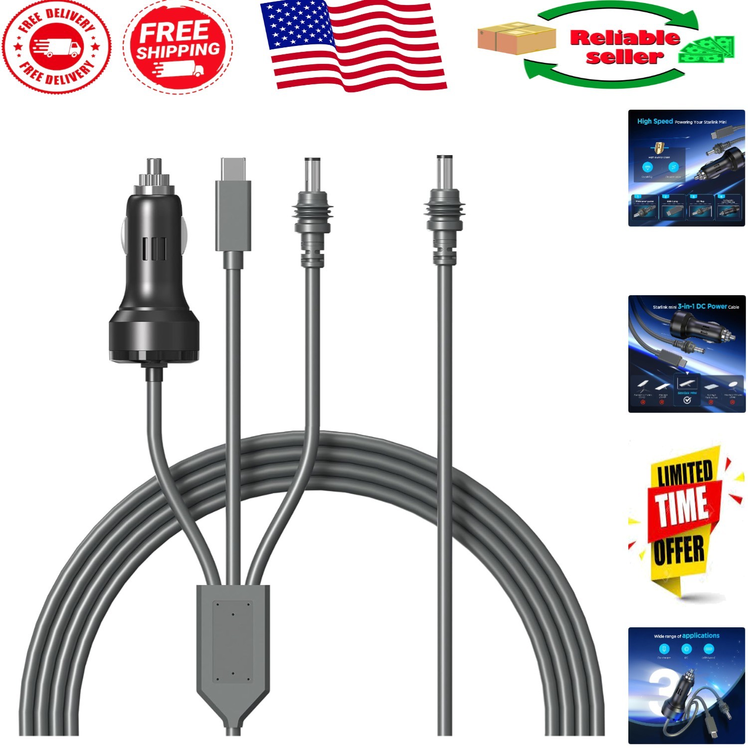 Versatile Starlink Mini Cable 10FT - Waterproof USB C and Car Charger Solution