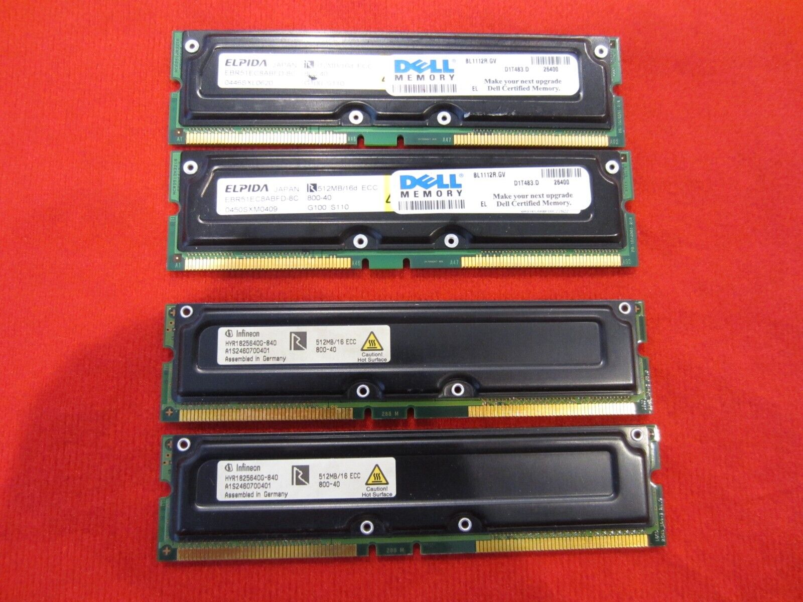 Lot of 4pcs Elpida,Infineon 512MB/16 800-40 ECC Rambus Desktop Memory