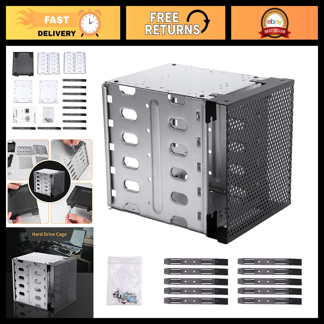 5.25in to 5x 3.5in Hard Drive Cage Rack, Galvanized Steel & ABS, Fan Space, Adap