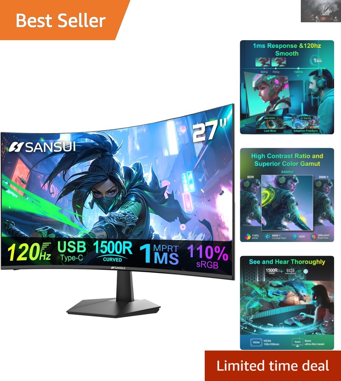 27-Inch Curved Computer Monitor - Stunning 120Hz Refresh Rate & HDR Excellence