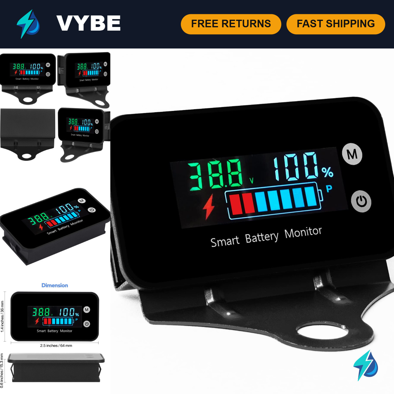 IPX7 Waterproof Battery Monitor 7-100V with Bracket, Temperature & Buzzer Alarm