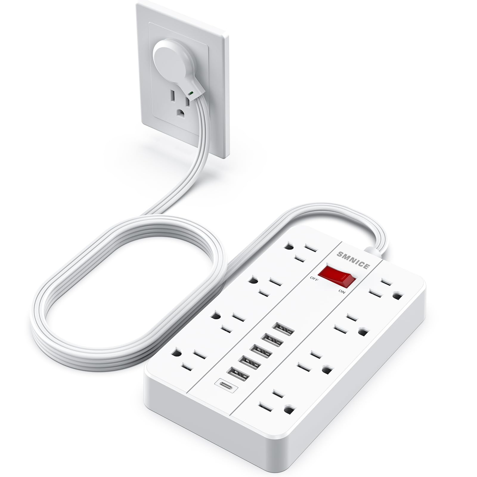 Power Strip with USB C 8 AC Outlets 6 USB Ports 5FT Flat Plug Wall Mountable