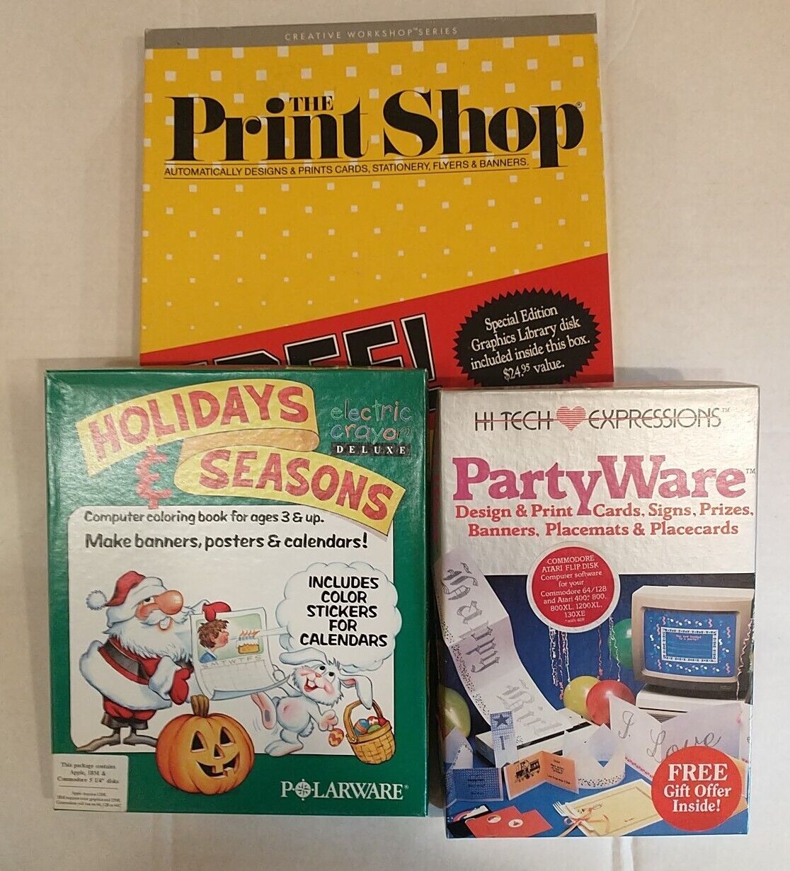 Vintage Commodore 64/128 Print Software Lot: PrintShop, Partyware and Holiday