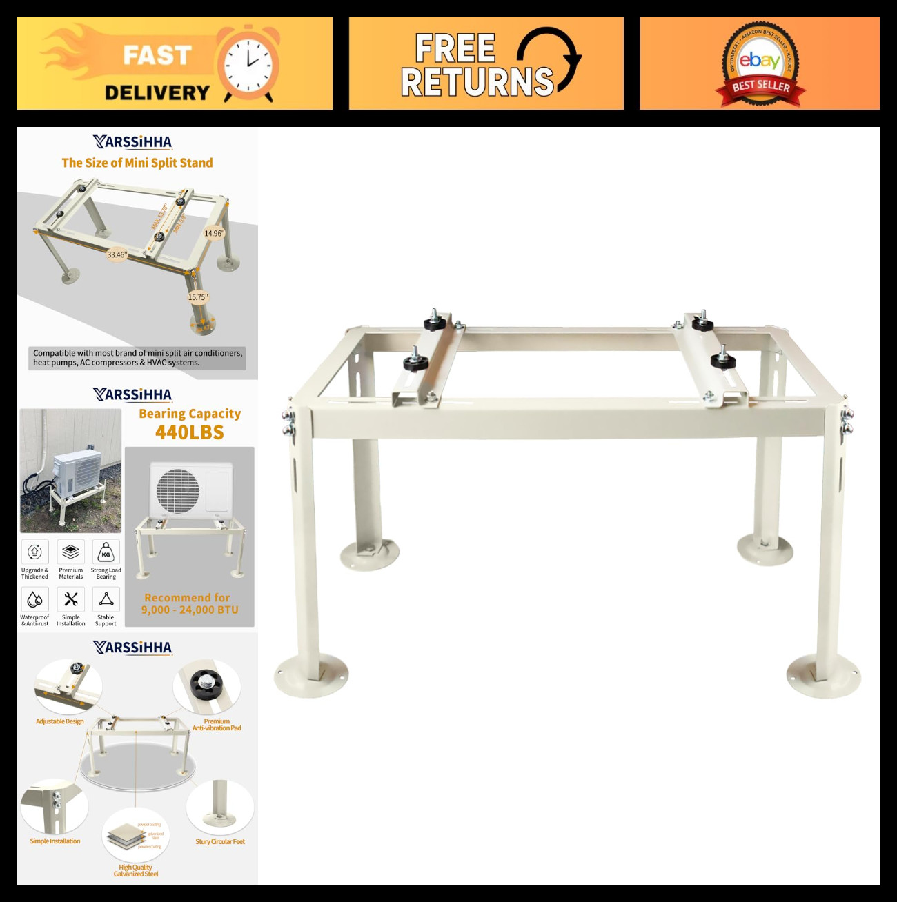 Heavy Duty Adjustable Mini Split Stand for 9000-24000 BTU AC & Heat Pumps, 440LB