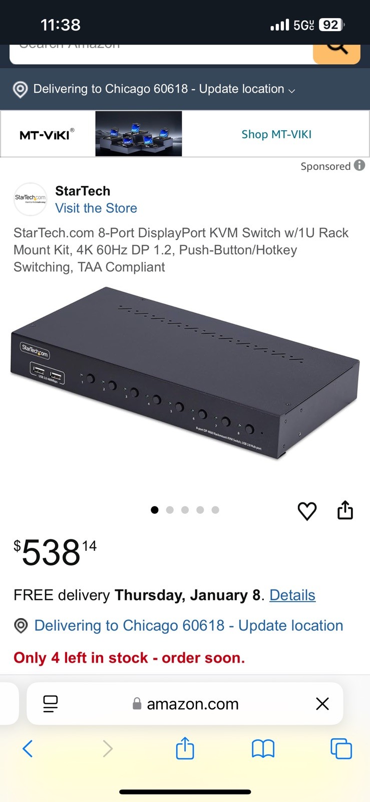 StarTech 8-Port DisplayPort KVM Switch with 1U Rack Mount Kit R8AD122-KVM-SWITCH