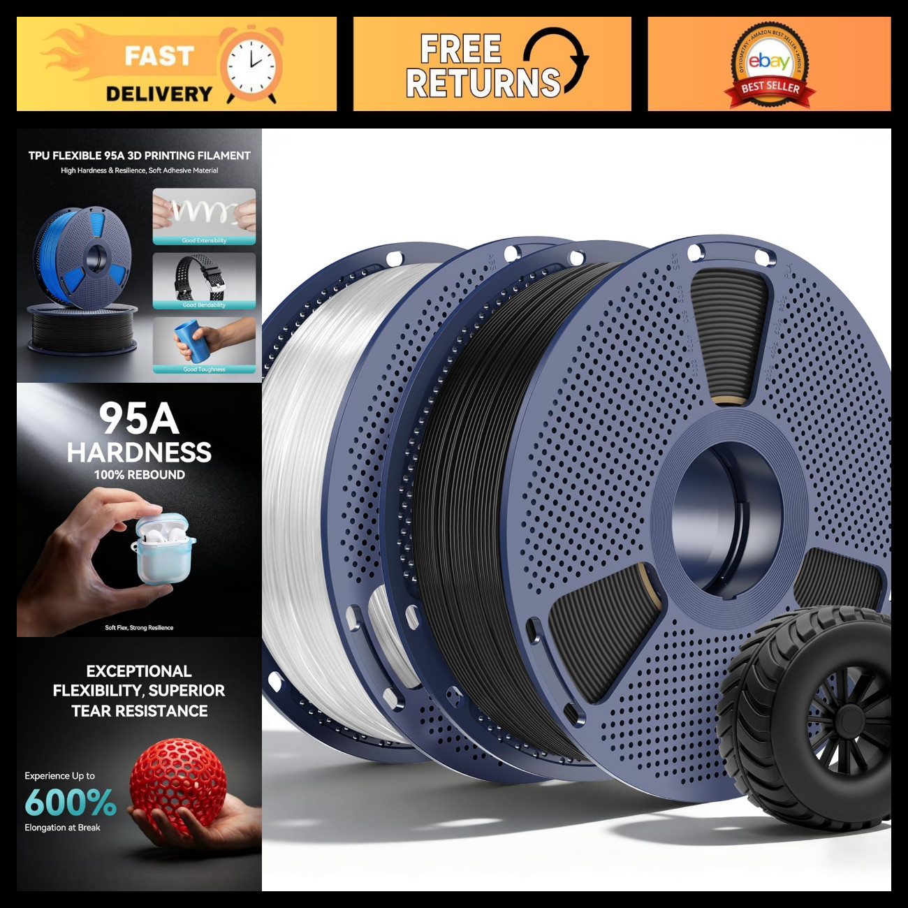 Flexible TPU 95A 3D Printing Filament - Black & Transparent 2-Pack, High Quality