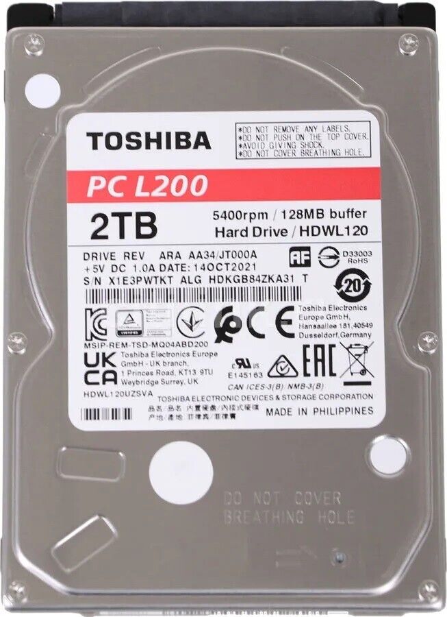Toshiba L200 2TB, Internal, 5400RPM, 2.5 inch (HDWL120XZSTA) Hard Drive