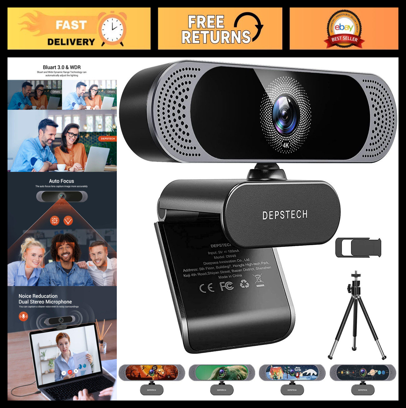 4K HD 8MP Webcam with Autofocus & Microphone, USB Plug & Play for Streaming/Teac
