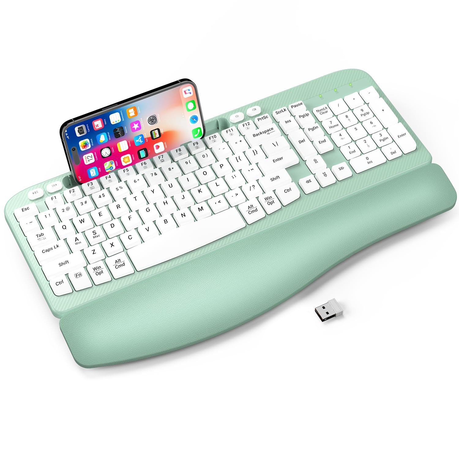 Mint Green Ergonomic Wireless Keyboard Cushioned Wrist Rest Phone Holder 2.4GHz