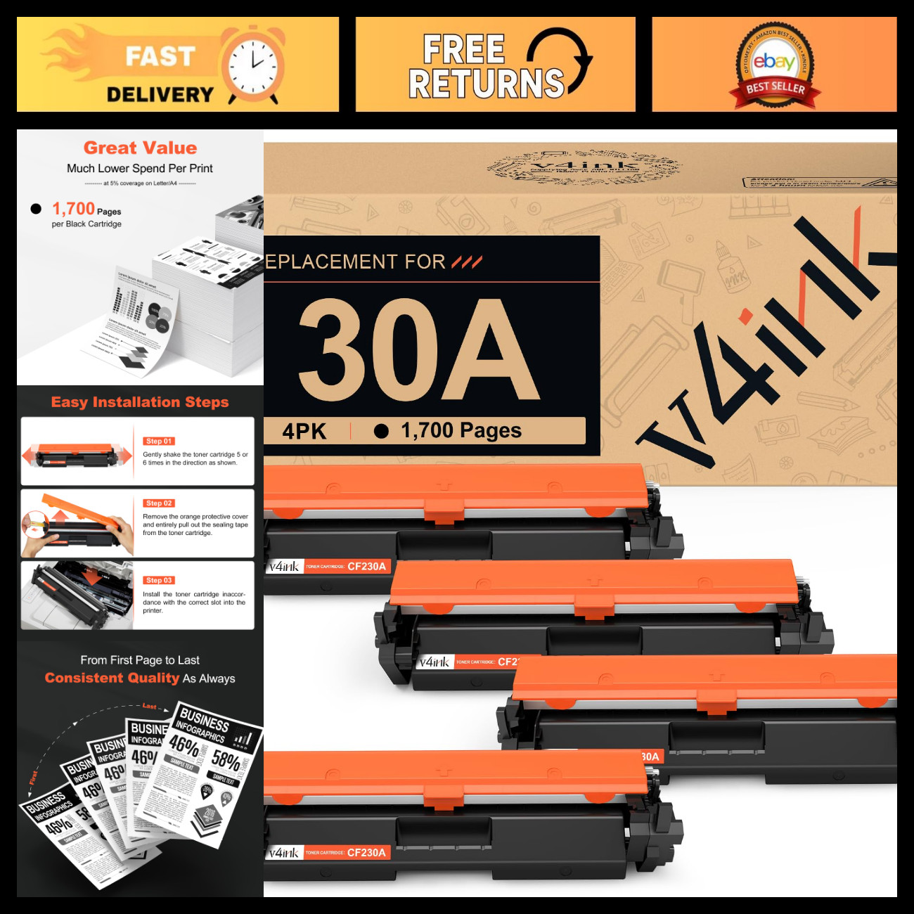 High-Quality 30A Black Toner Cartridge Replacement for HP - 4 Pack, Compatible,