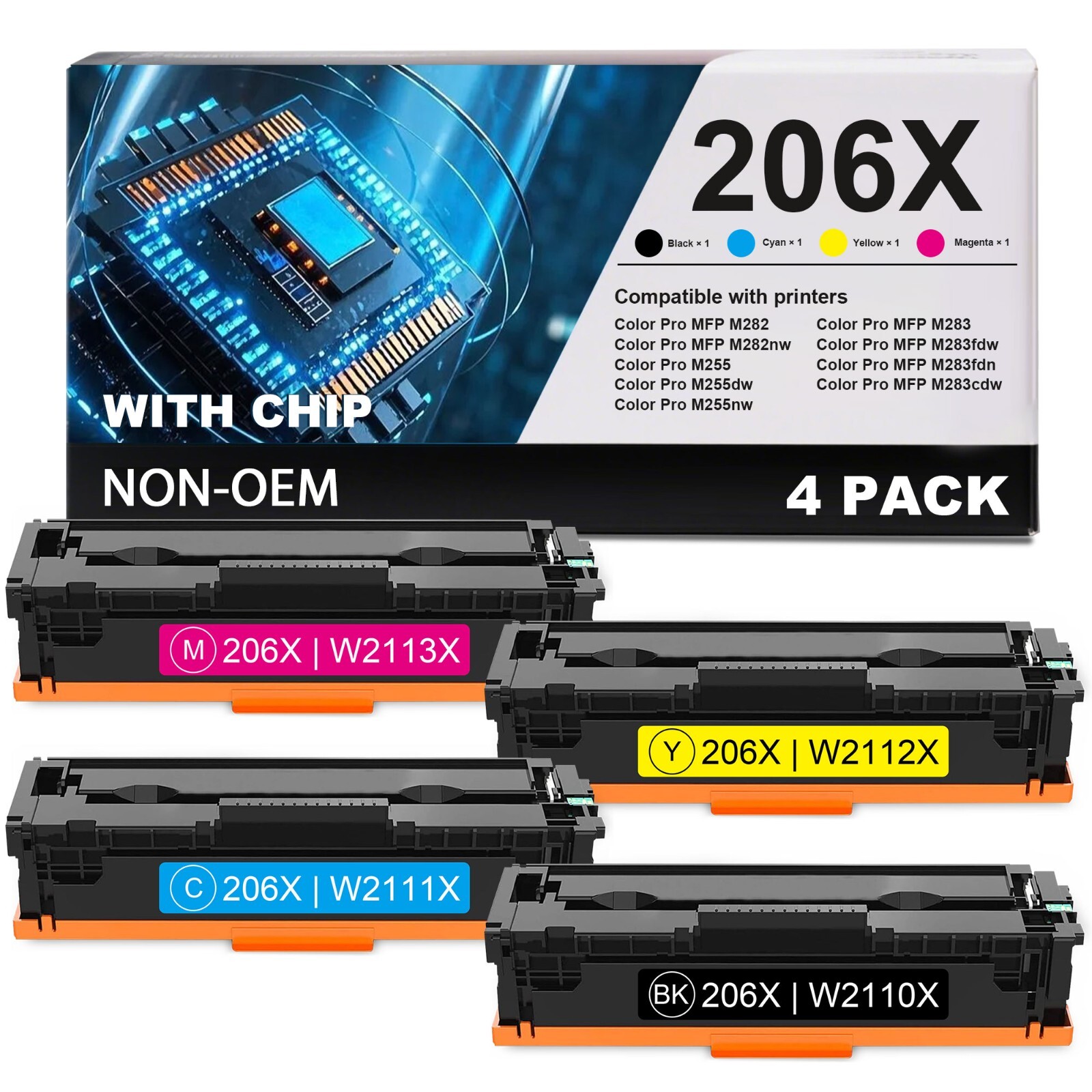 4PK 206X Toner With Chip for HP 206X W2110X Color Laserjet Pro MFP M283fdw M255