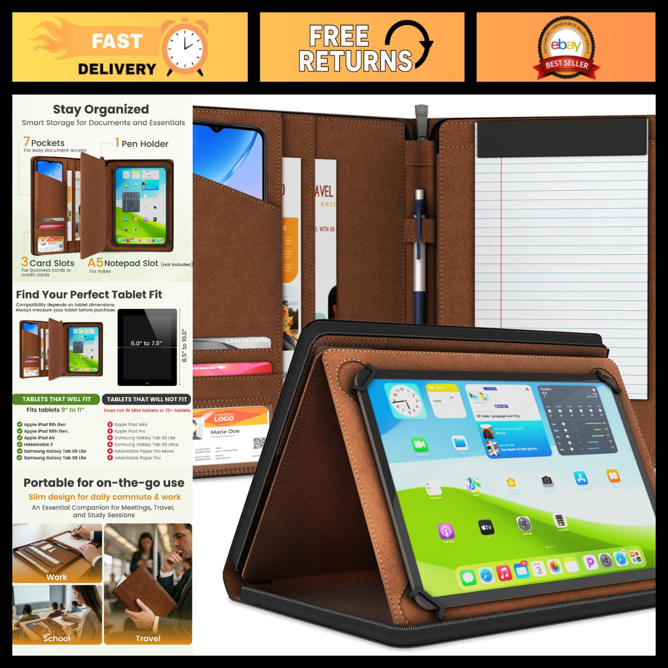 Universal Padfolio Case for Tablets - Organizer with Notepad Holder, Fits iPad 1