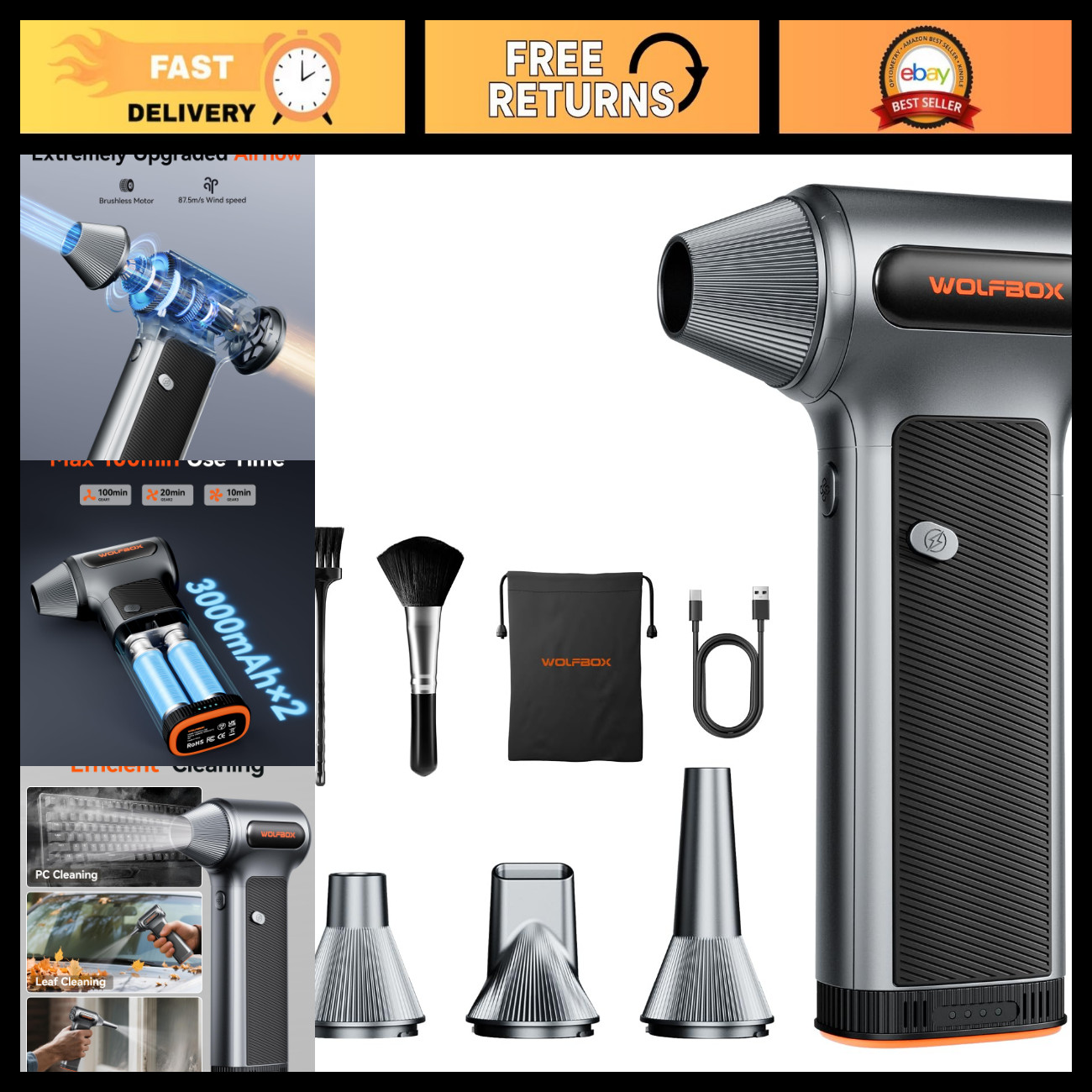 Compressed Air Duster with Removable Battery for Car & Home Cleaning - Powerful