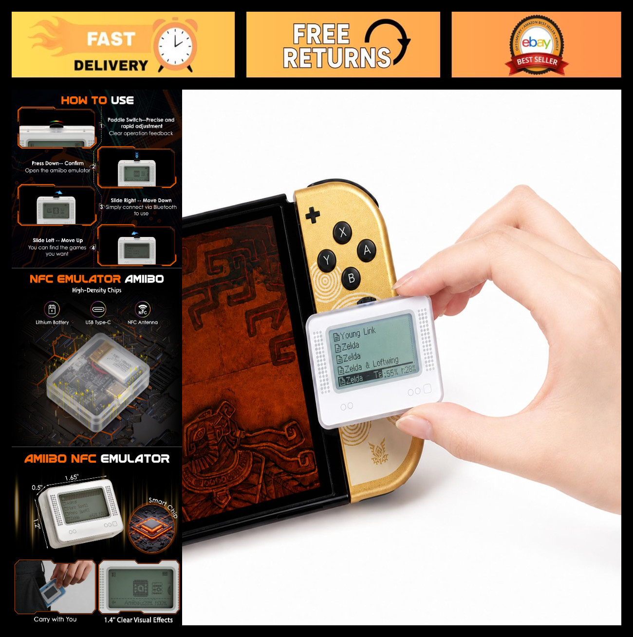 NFC Emulator for Nintendo Switch, 3000+ Game Data, 1.4" Backlit LCD Display