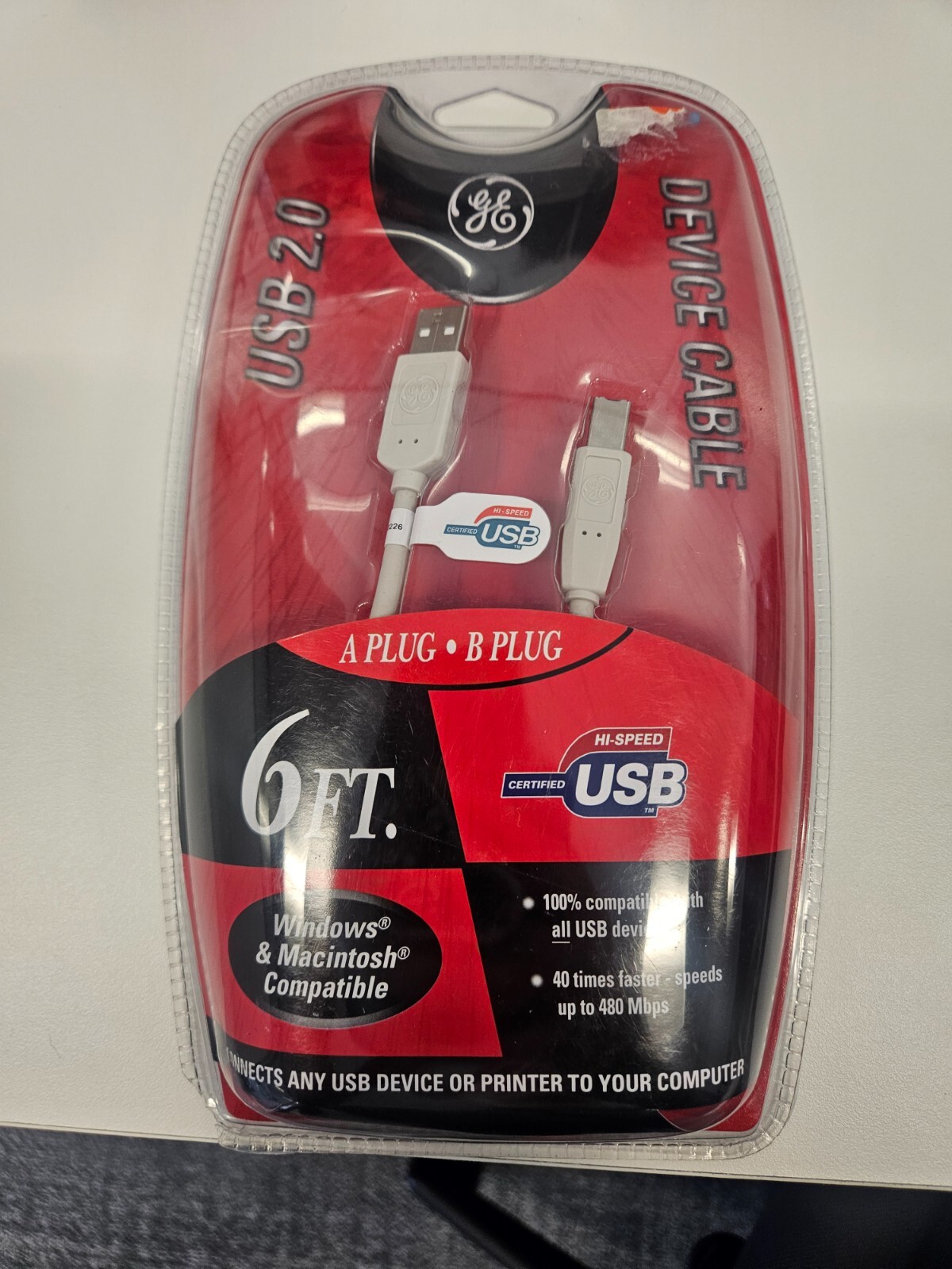 GE USB 2.0 Device Cable H097891, 6-Ft A Plug to B Plug, Brand New