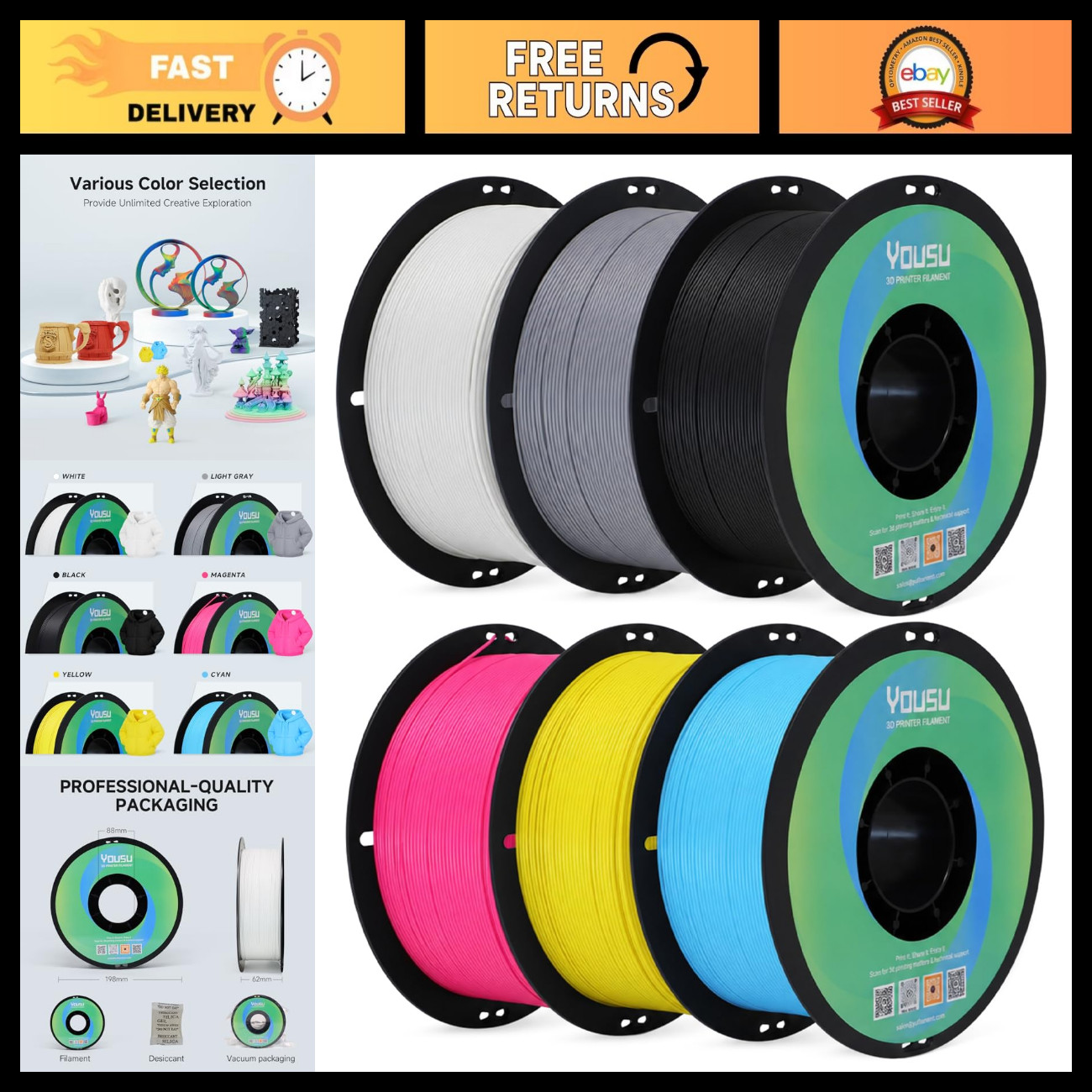 Matte PLA 3D Printer Filament 1.75mm - 6 Color Pack, 1kg Each, High Quality