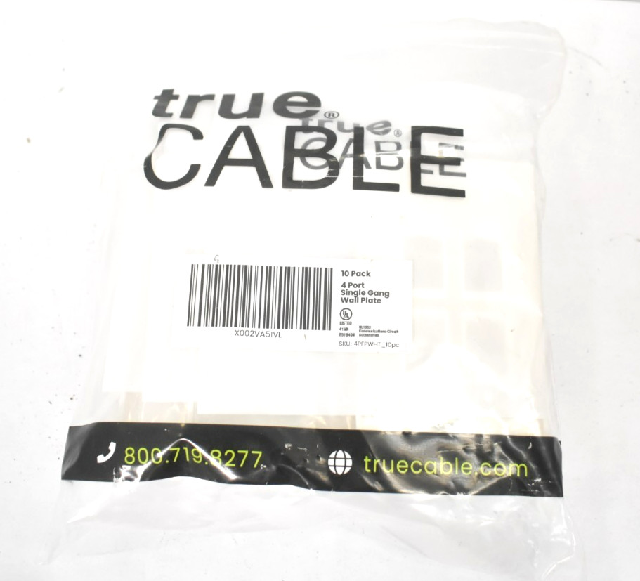 True Cable 4 Port Single Gang Keystone Wall Plate 10 Pack Low Profile White